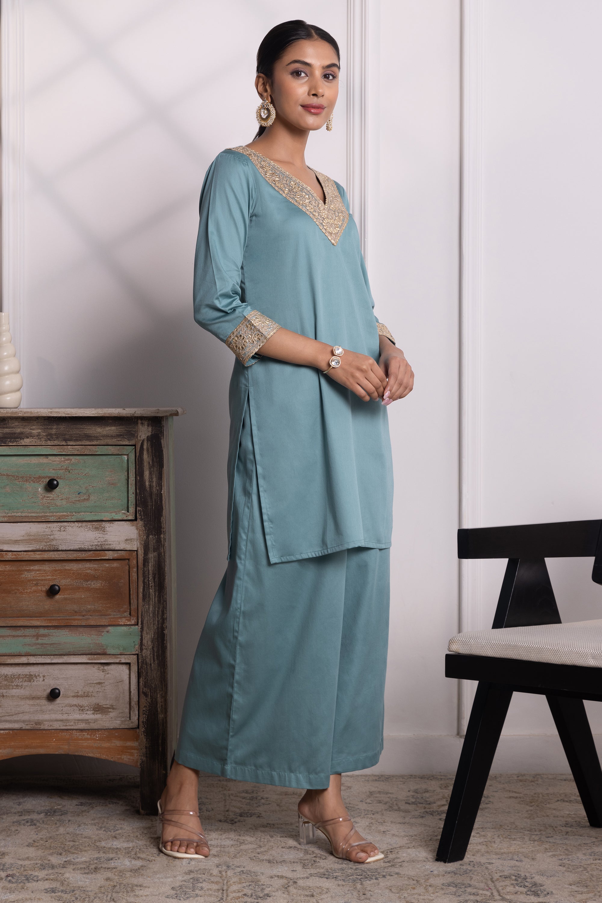 Camille Teal Olive Cotton Kurta Set