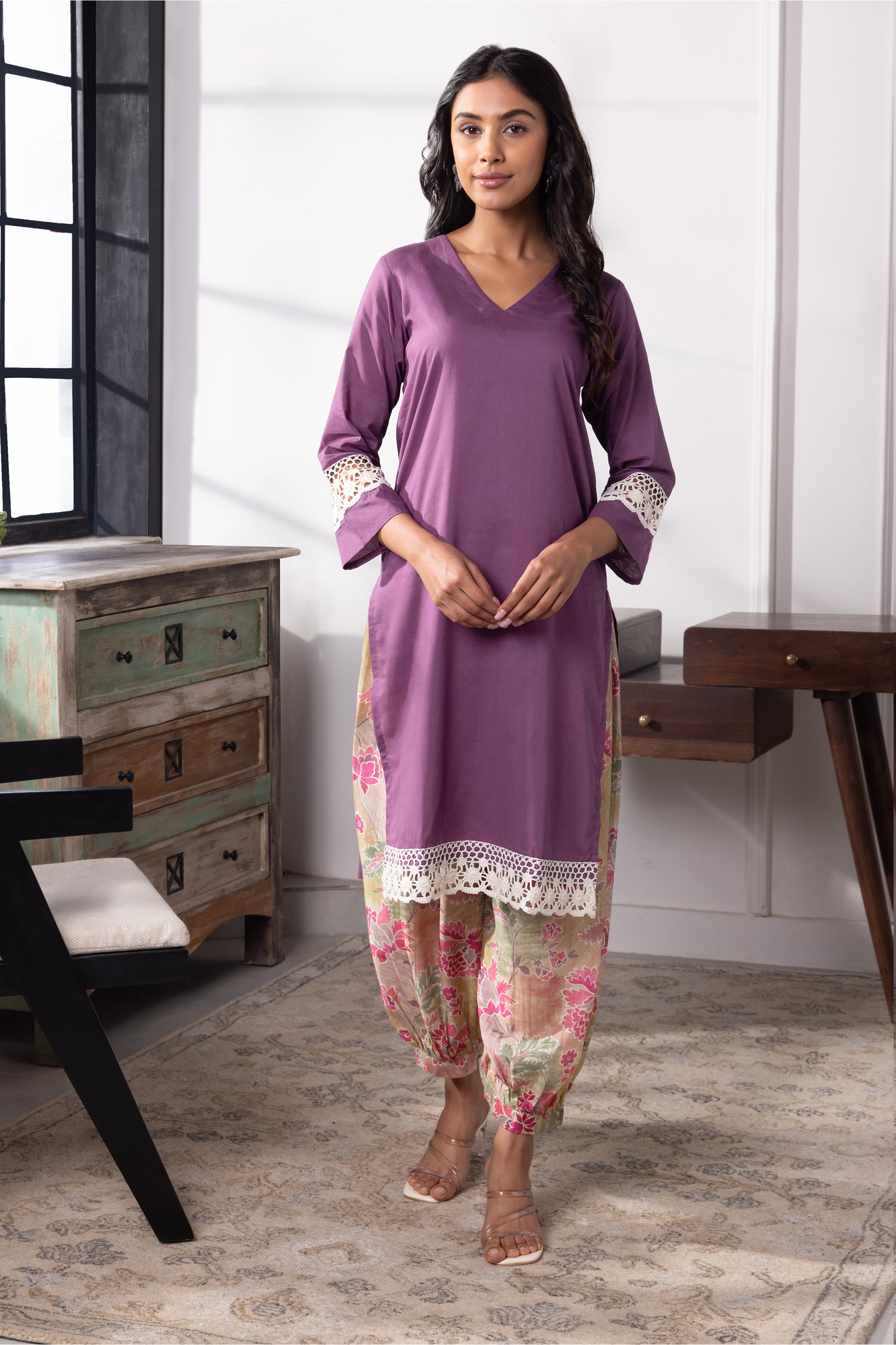 Isabella Purple Mulmul Kurta Set