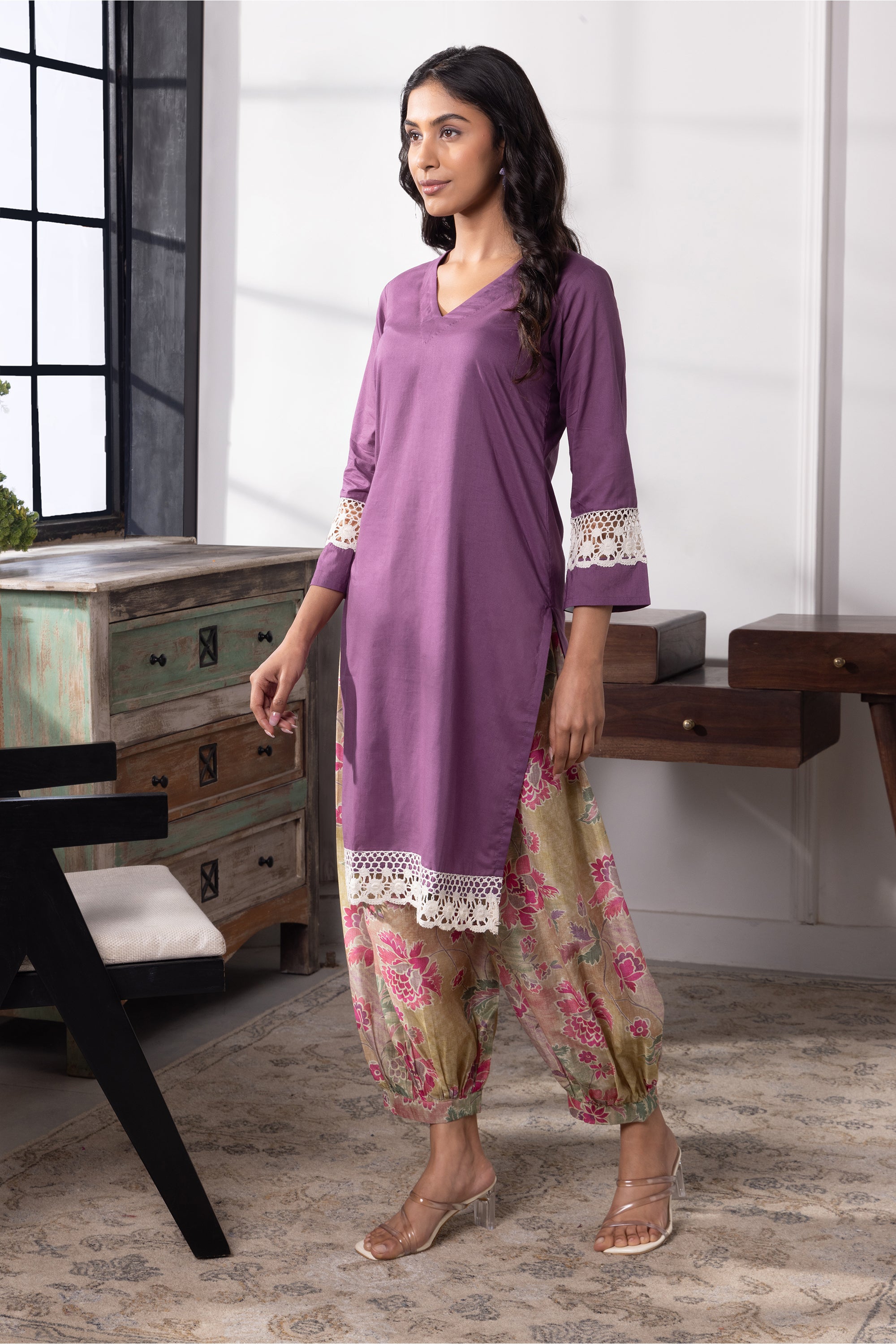 Isabella Purple Mulmul Kurta Set
