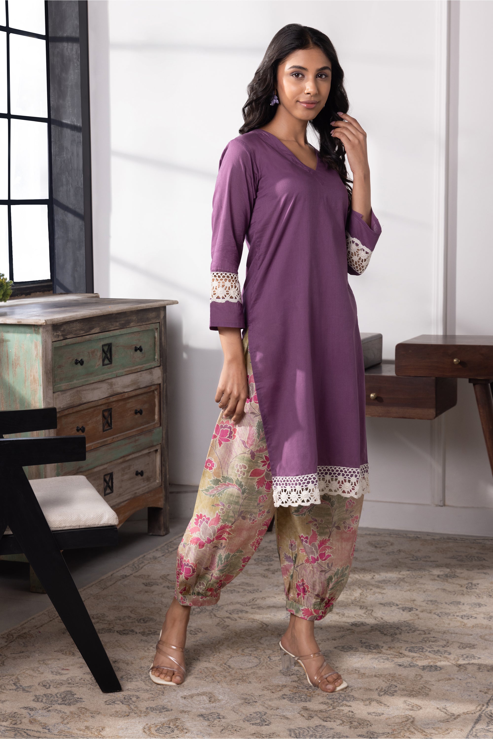 Isabella Purple Mulmul Kurta Set