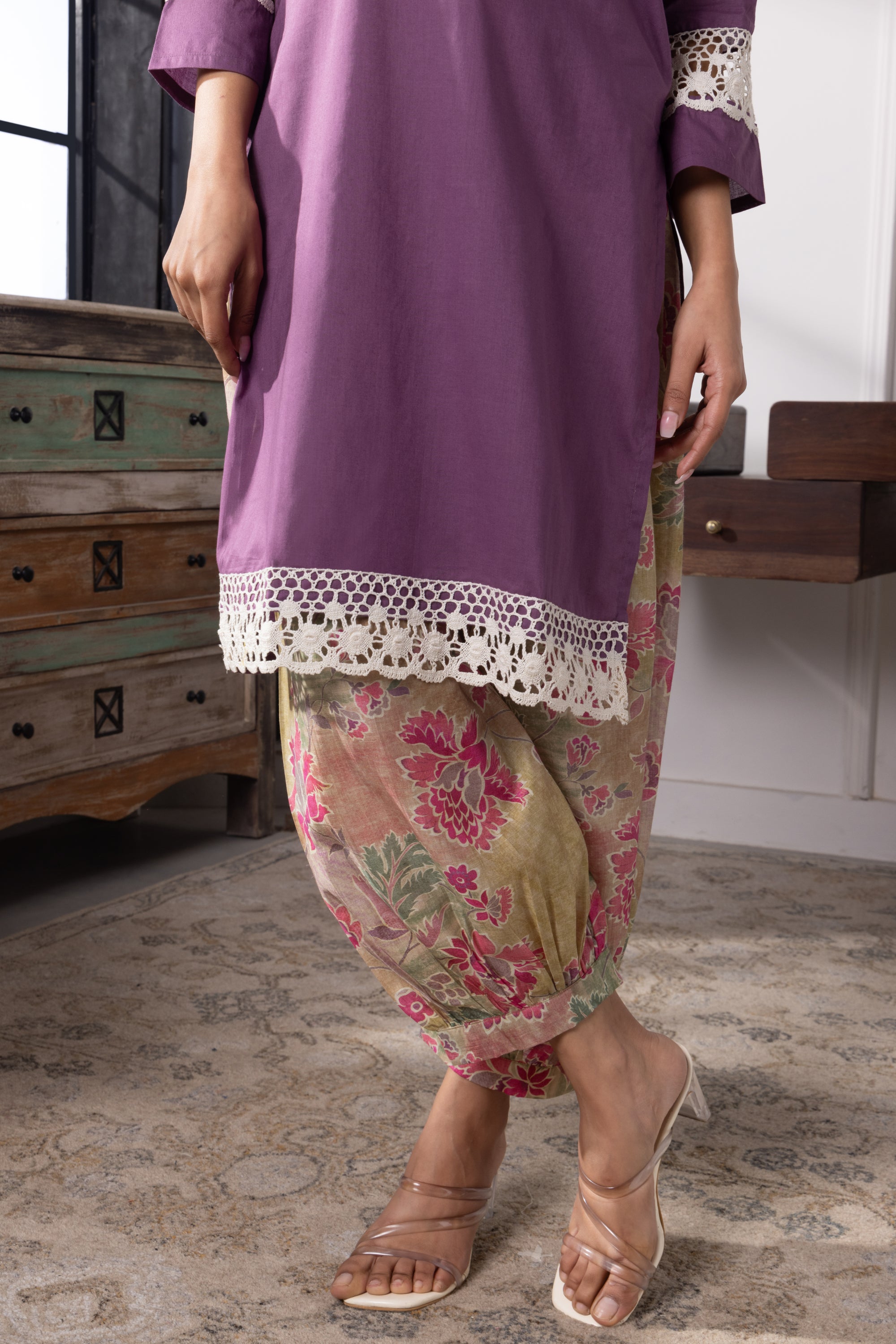 Isabella Purple Mulmul Kurta Set