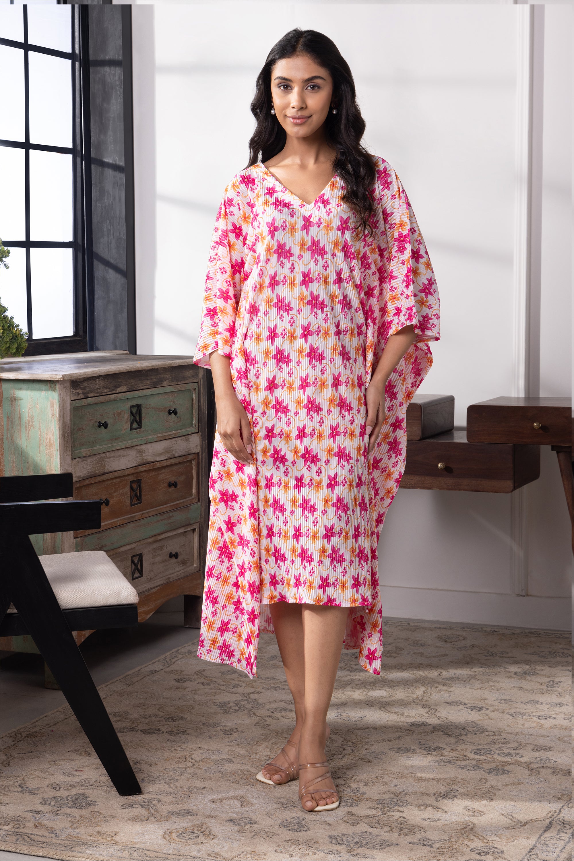 Nova Multicolored Floral Satin Long Kaftan