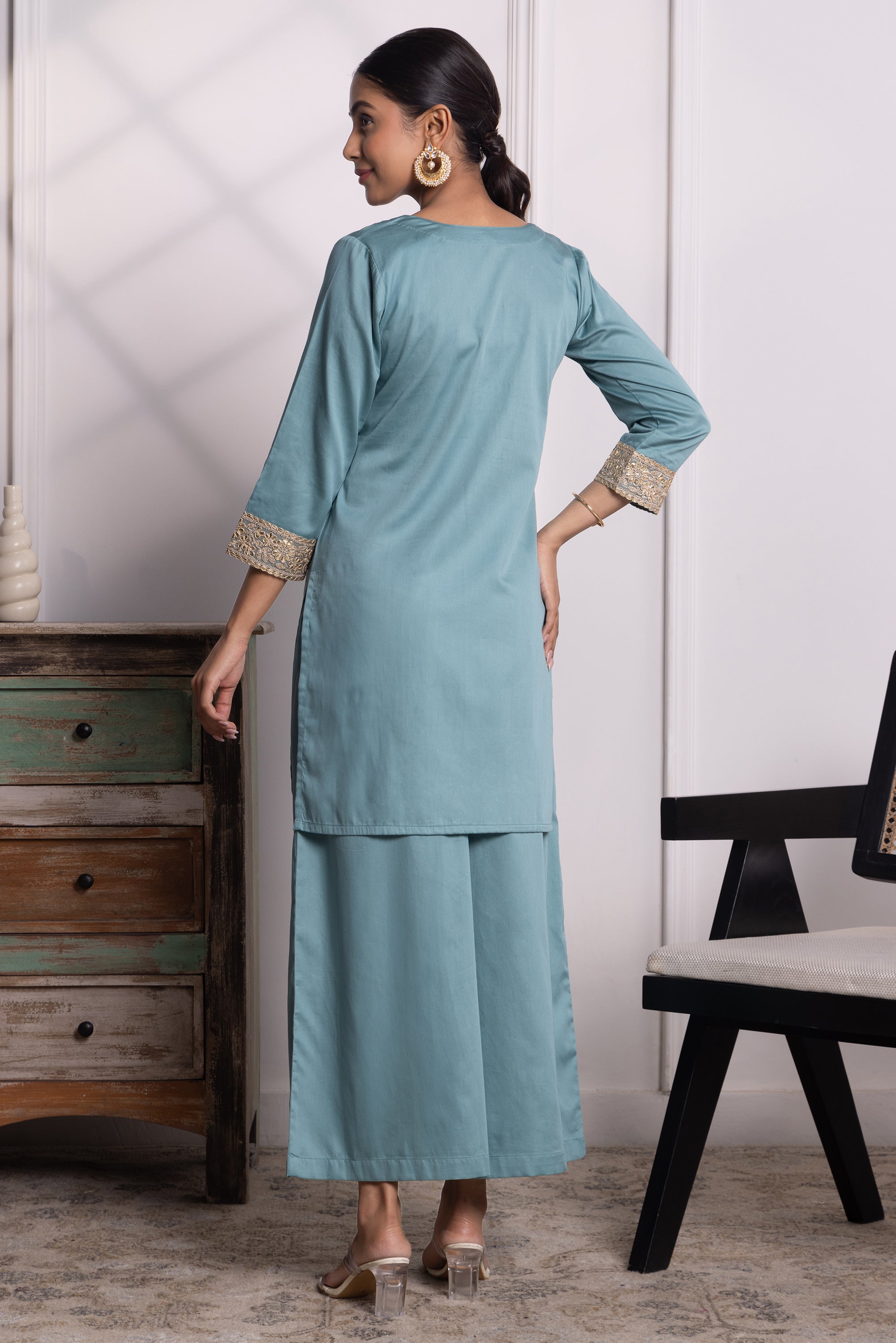 Camille Teal Olive Cotton Kurta Set