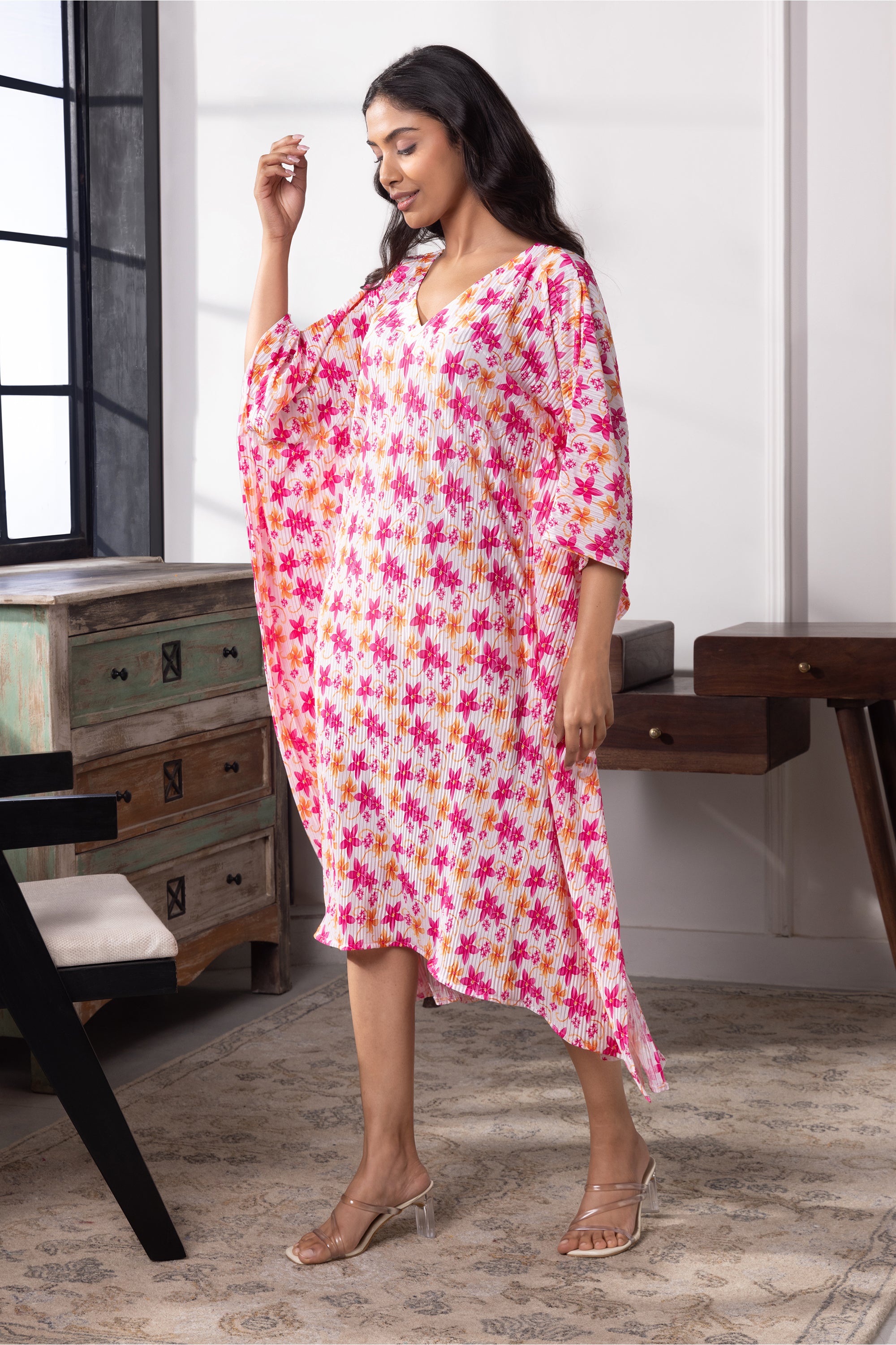 Nova Multicolored Floral Satin Long Kaftan