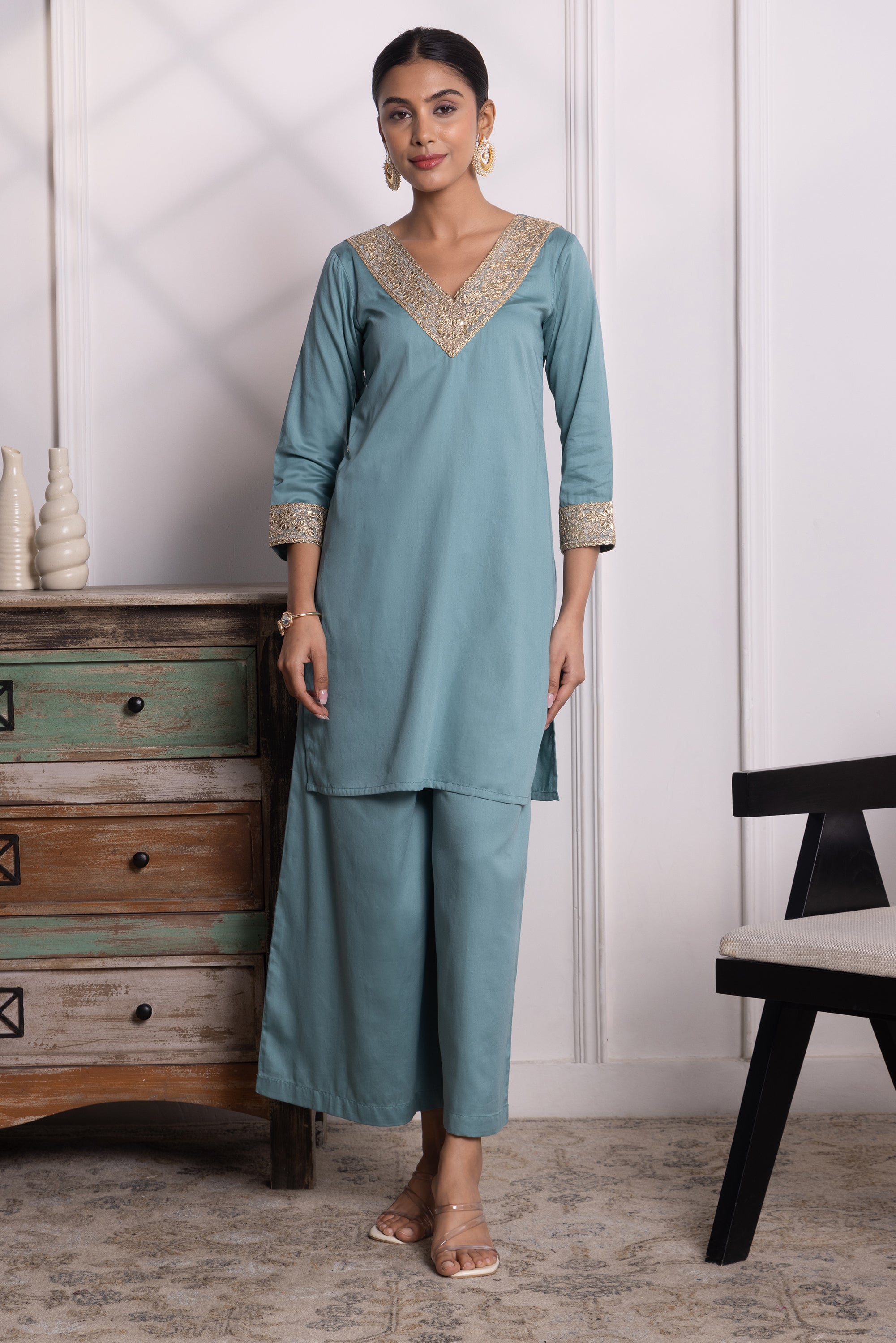 Camille Teal Olive Cotton Kurta Set
