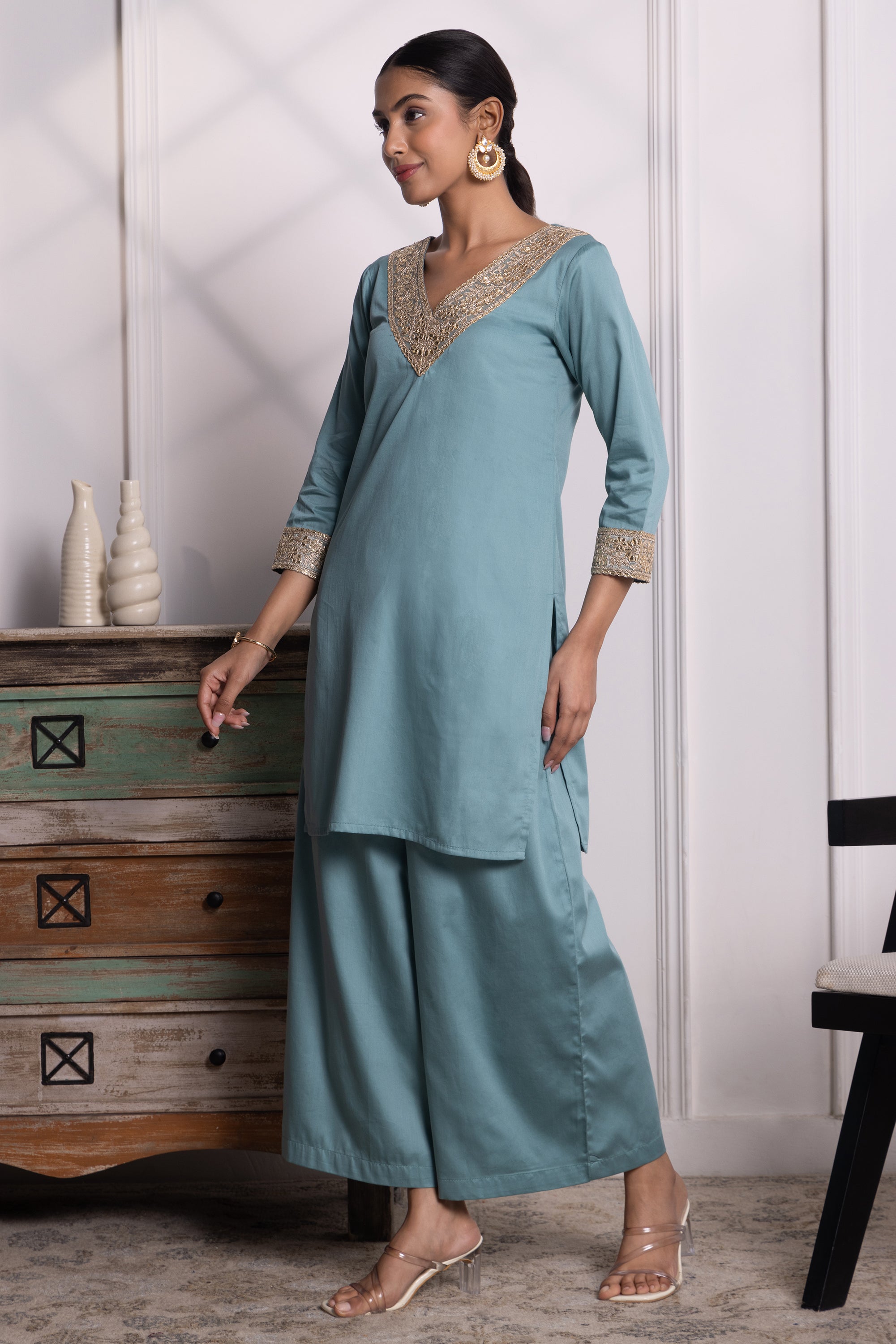 Camille Teal Olive Cotton Kurta Set