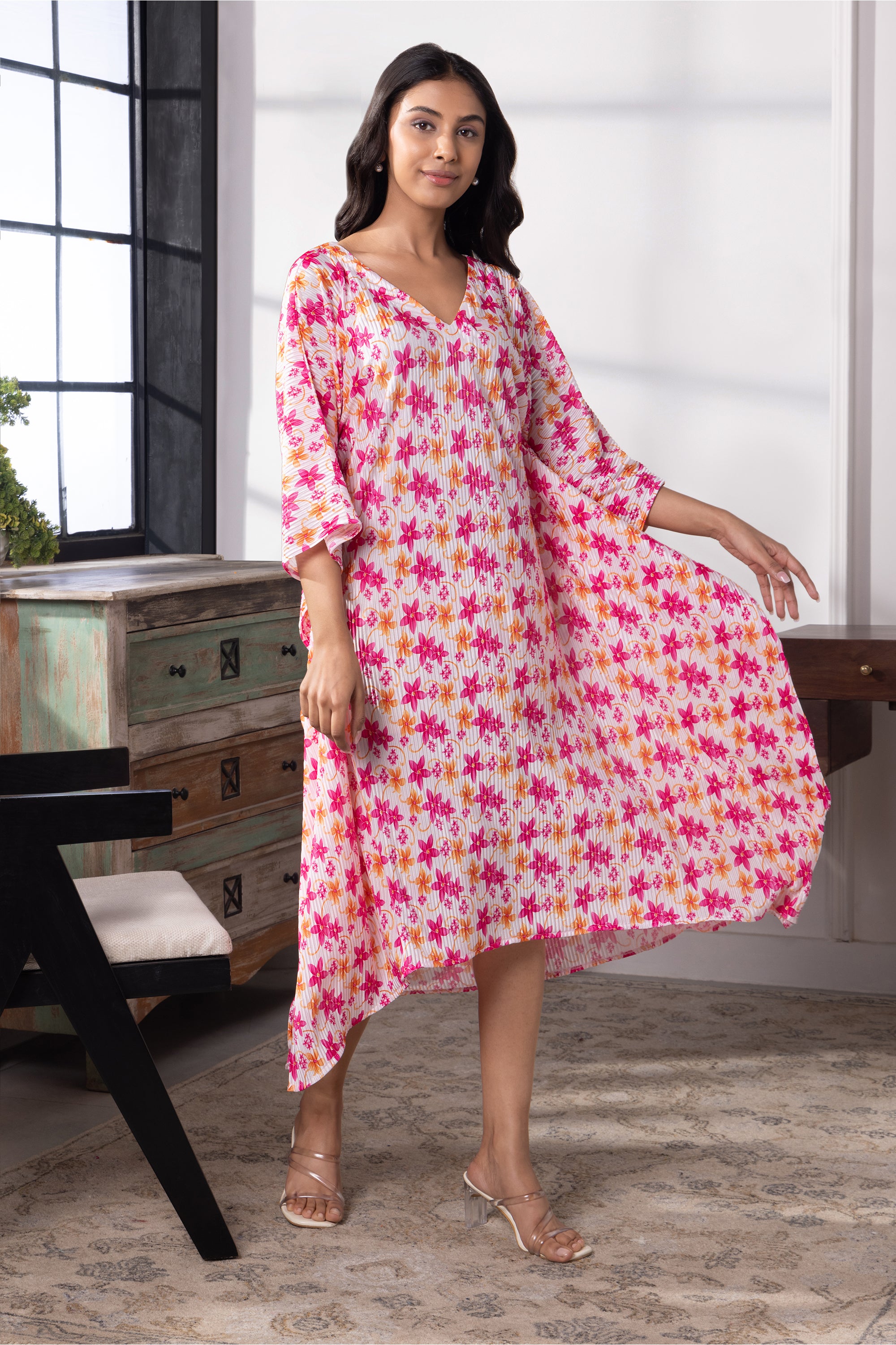 Nova Multicolored Floral Satin Long Kaftan