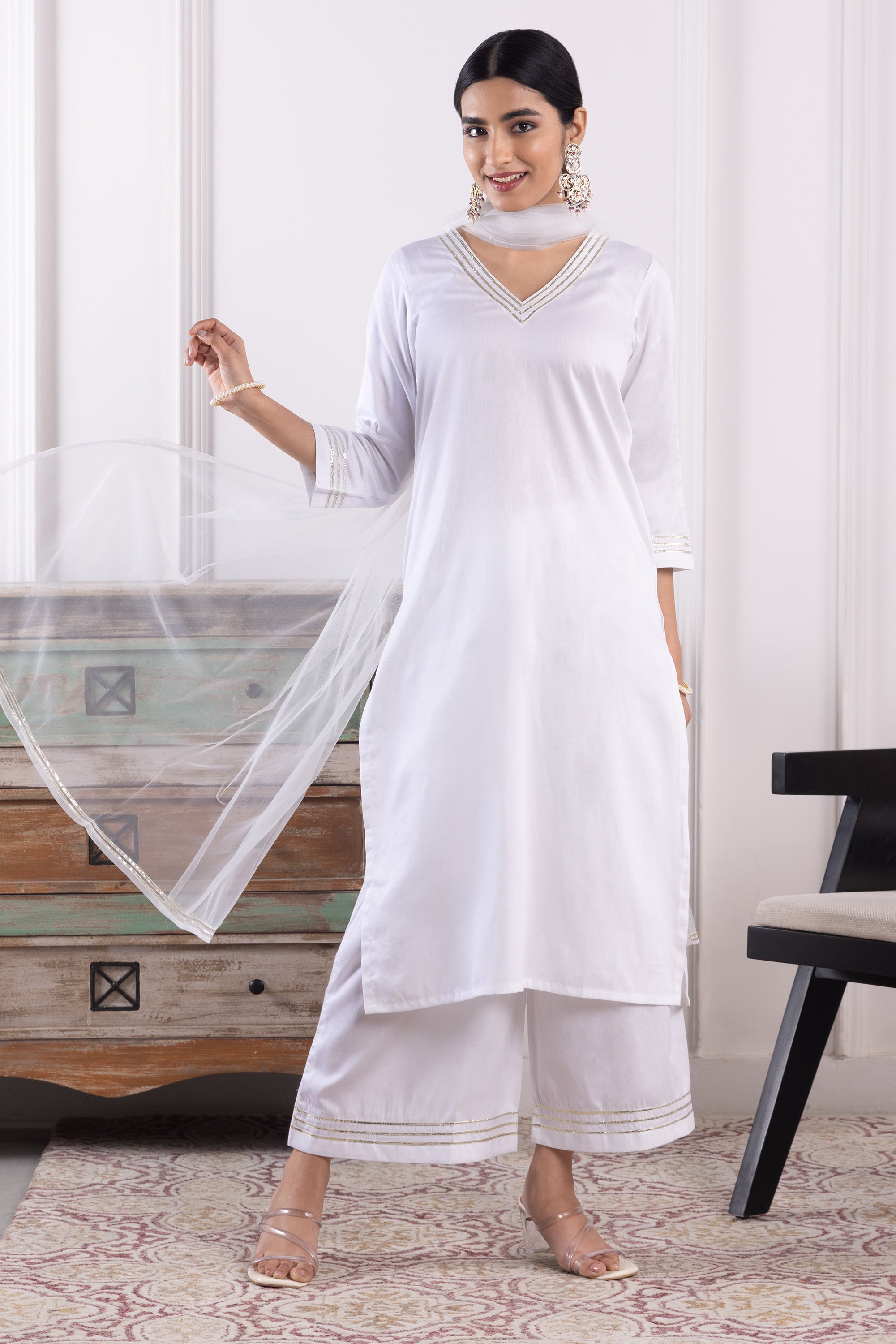Valencia White Cotton Kurta Set with Dupatta