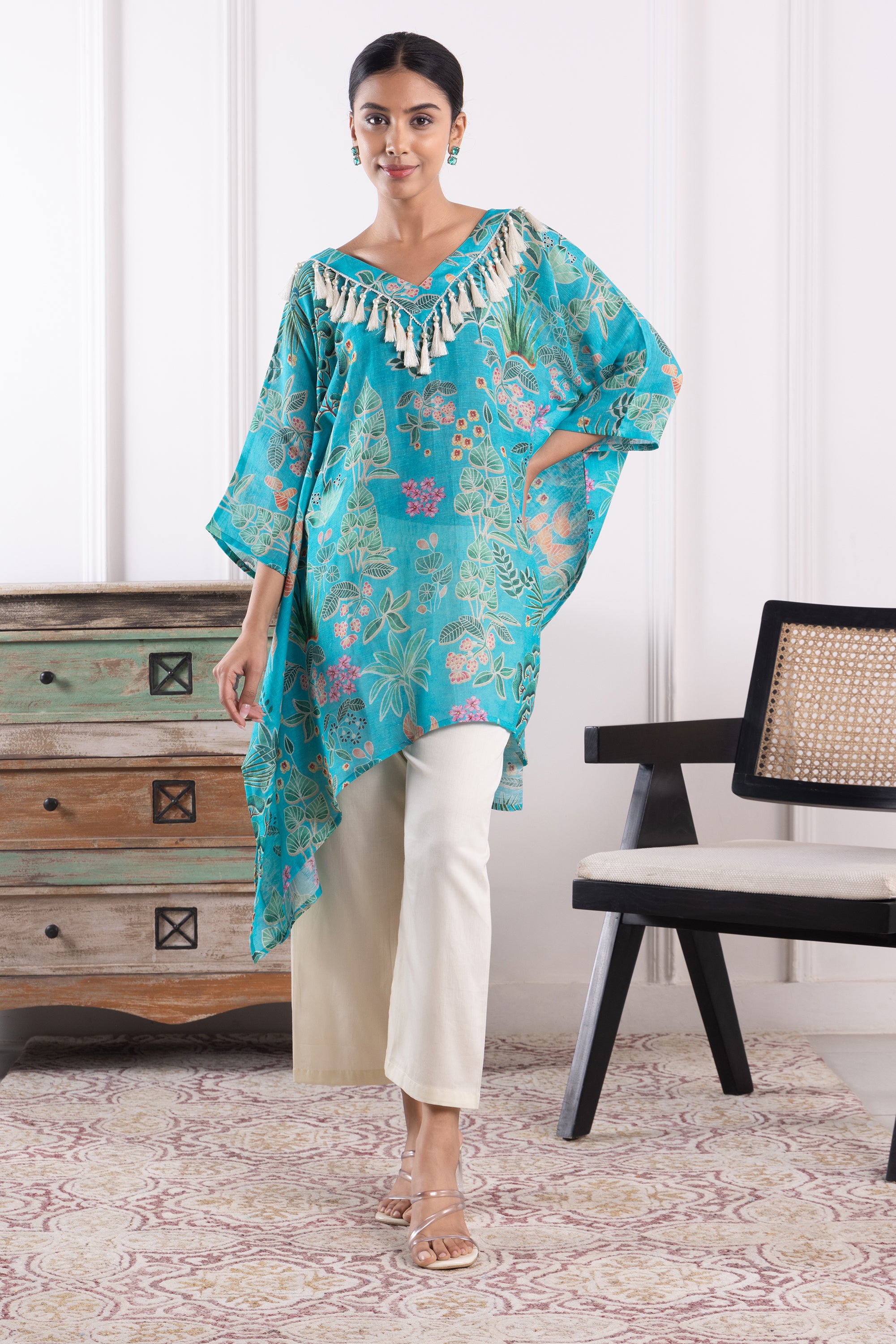 Camilla Blue Organza Floral Kaftan Set