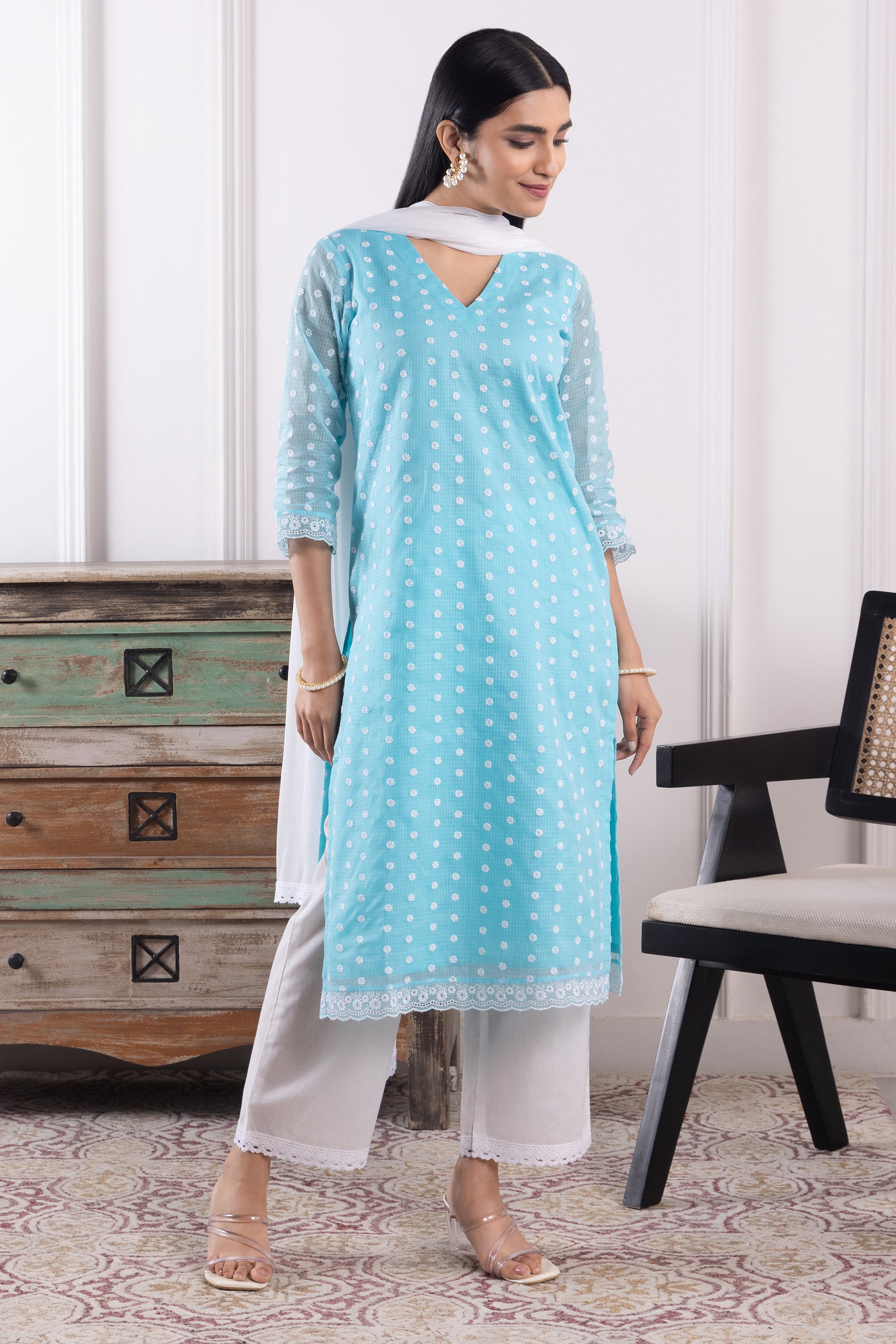 Erina Blue Kota Kurta Set with Dupatta