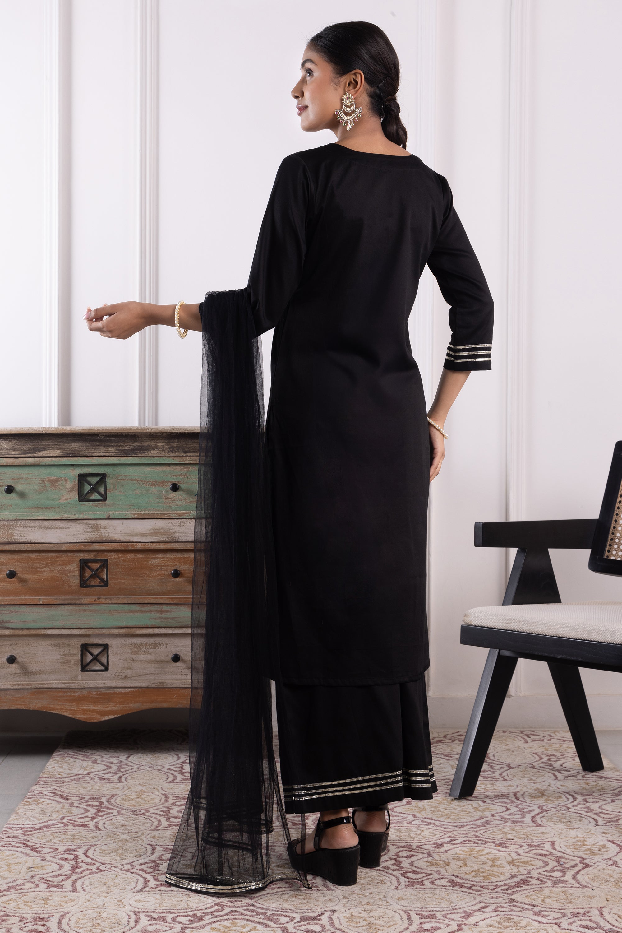 Victoria Black Cotton Kurta Set with Dupatta