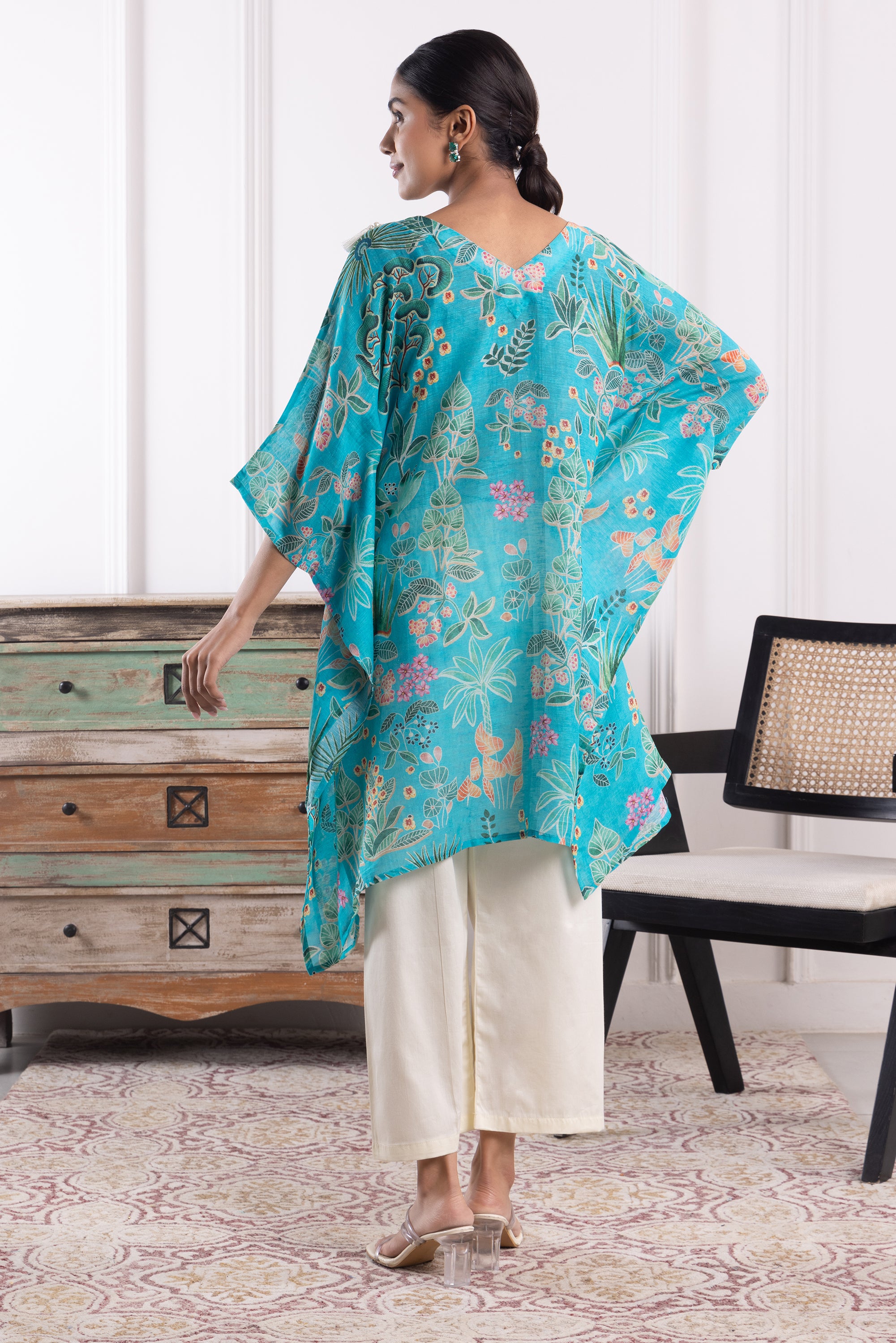 Camilla Blue Organza Floral Kaftan Set