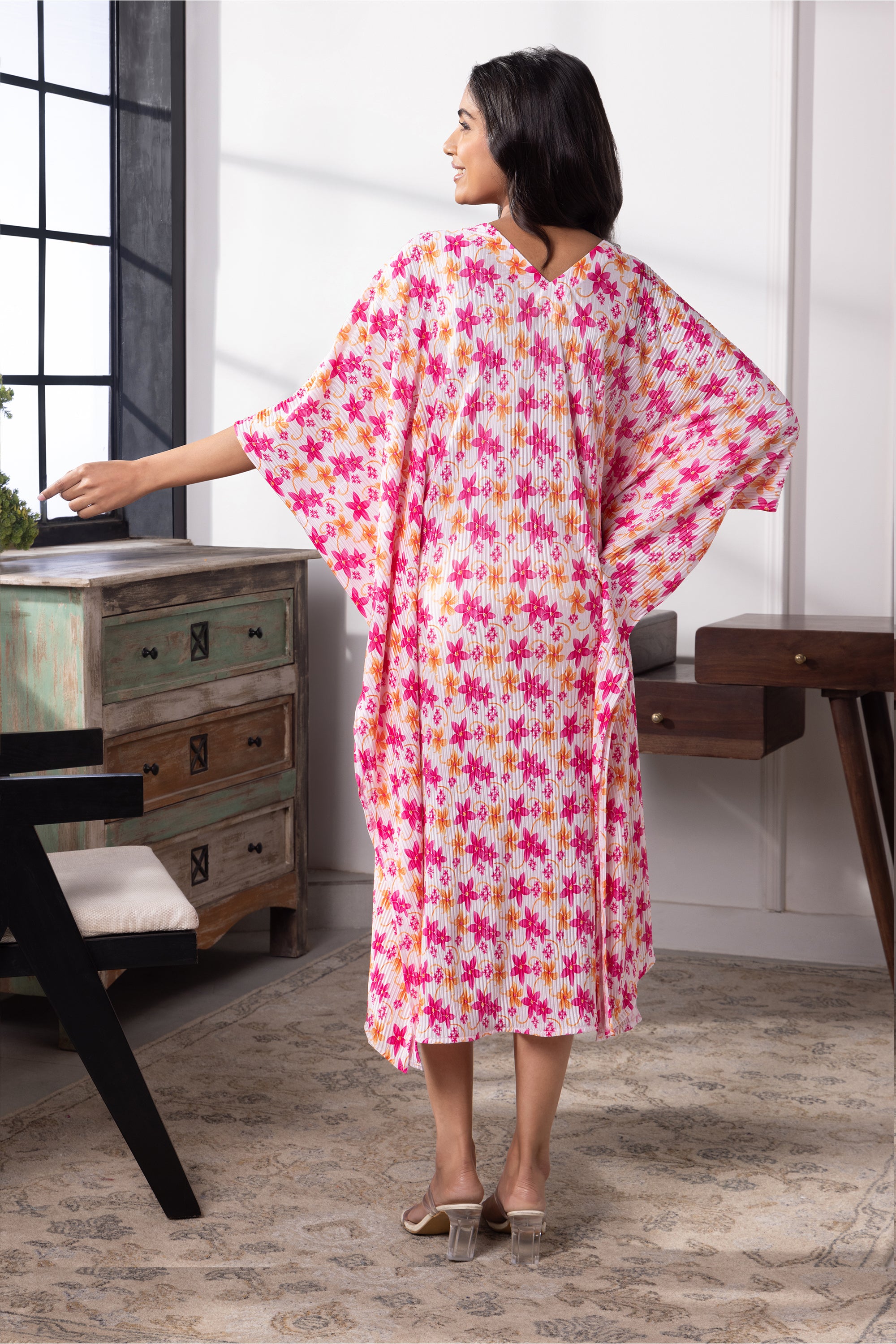 Nova Multicolored Floral Satin Long Kaftan