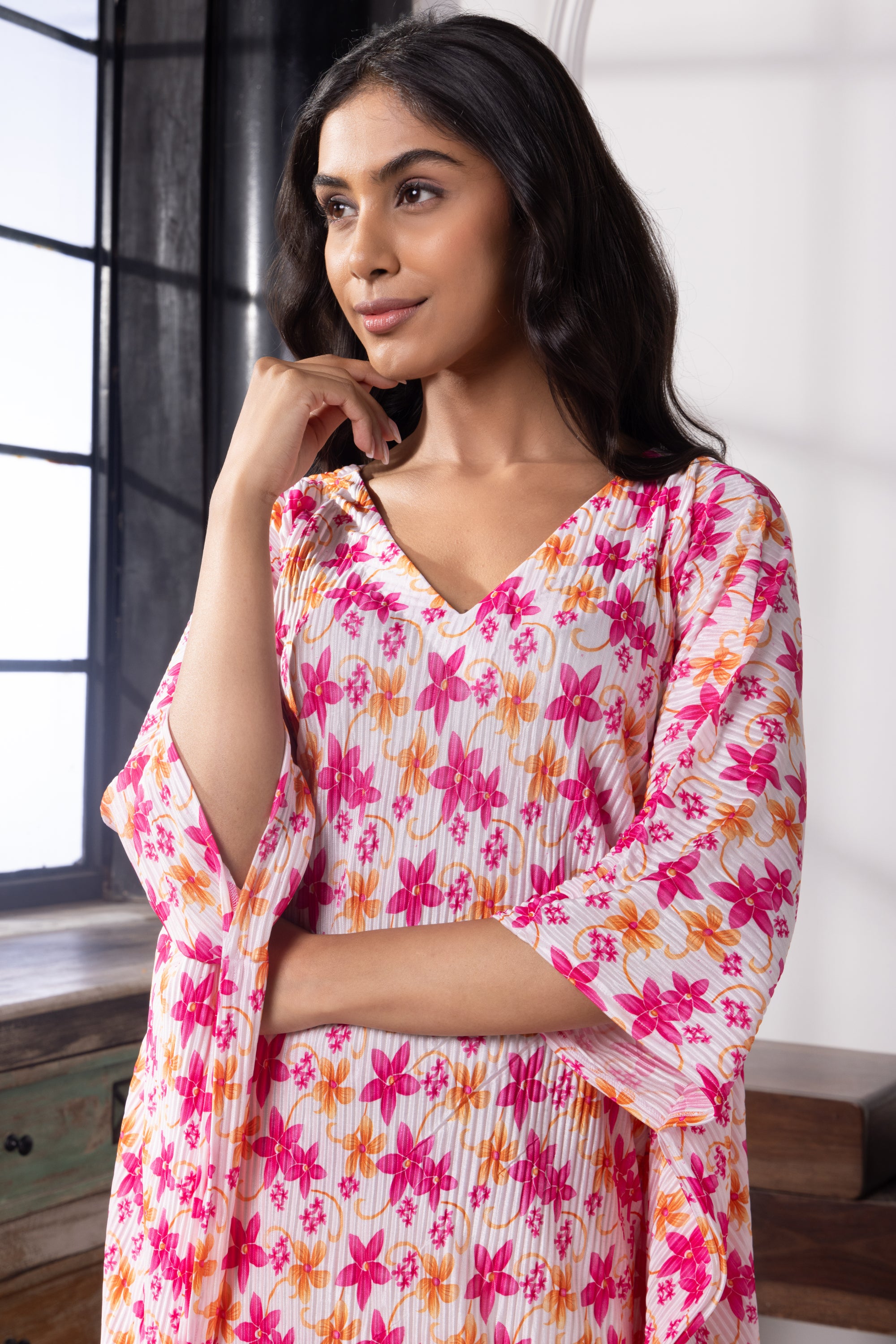 Nova Multicolored Floral Satin Long Kaftan