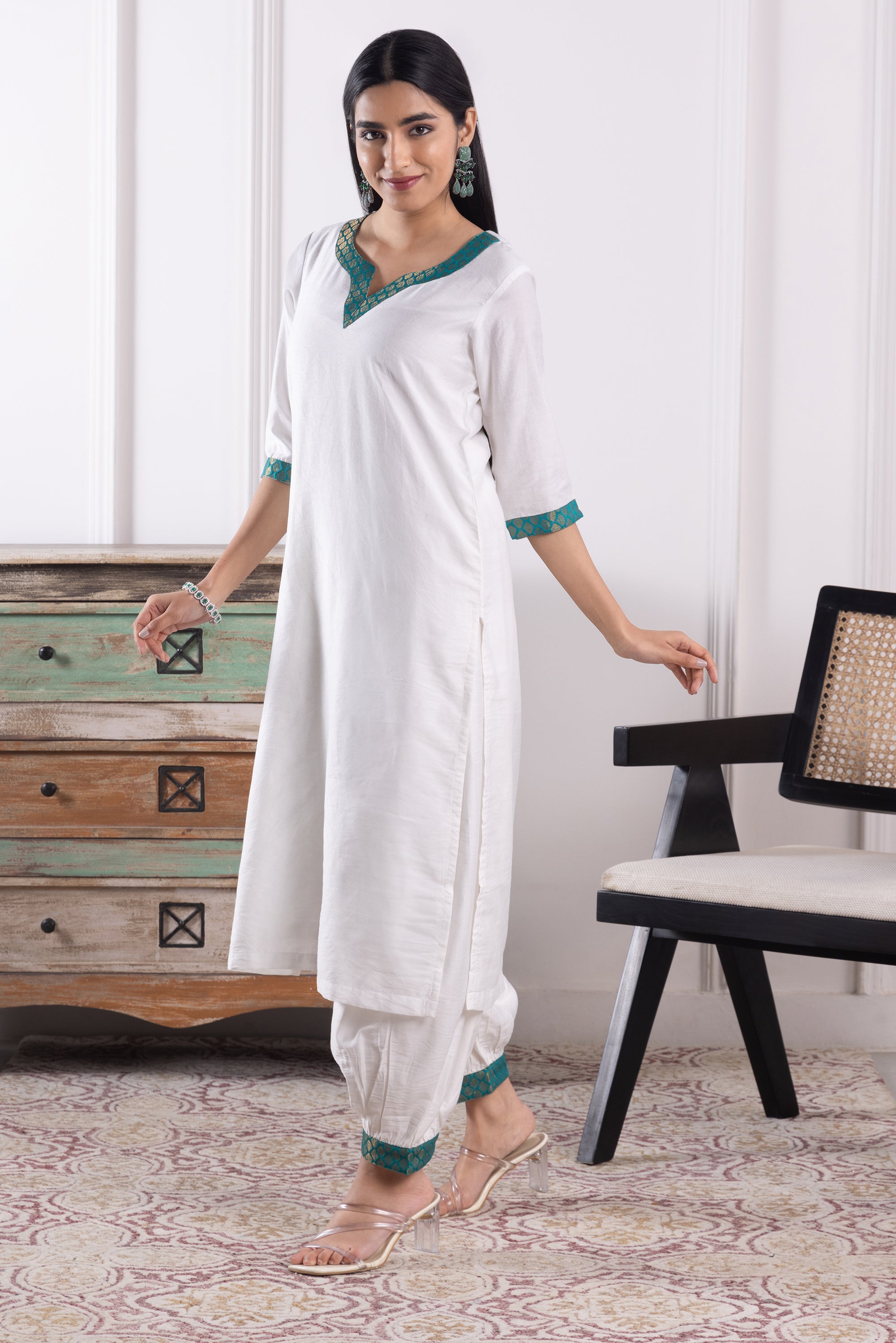 Savannah White & Green Chanderi Kurta Set
