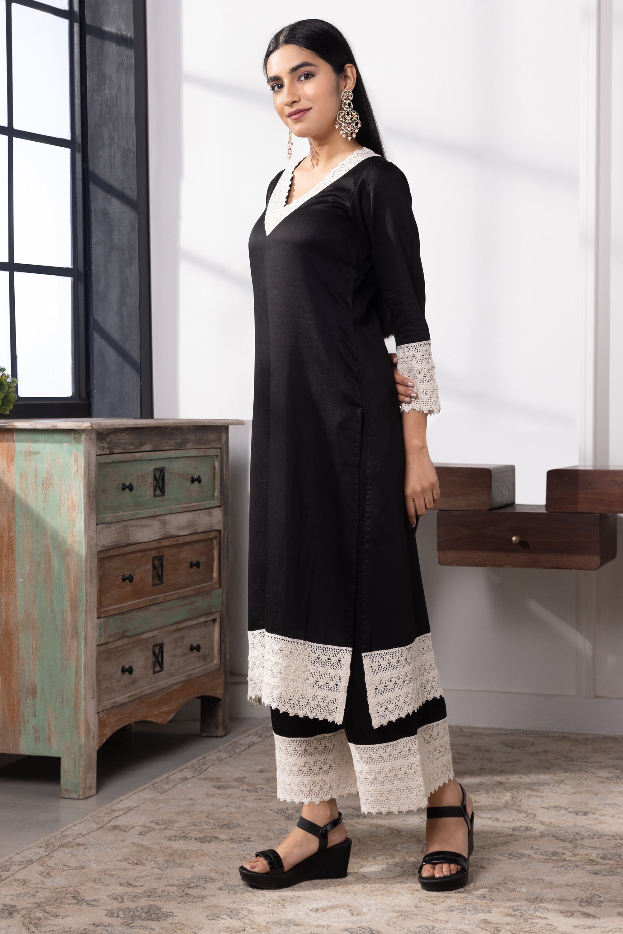 Aleena Black Cotton Kurta Set
