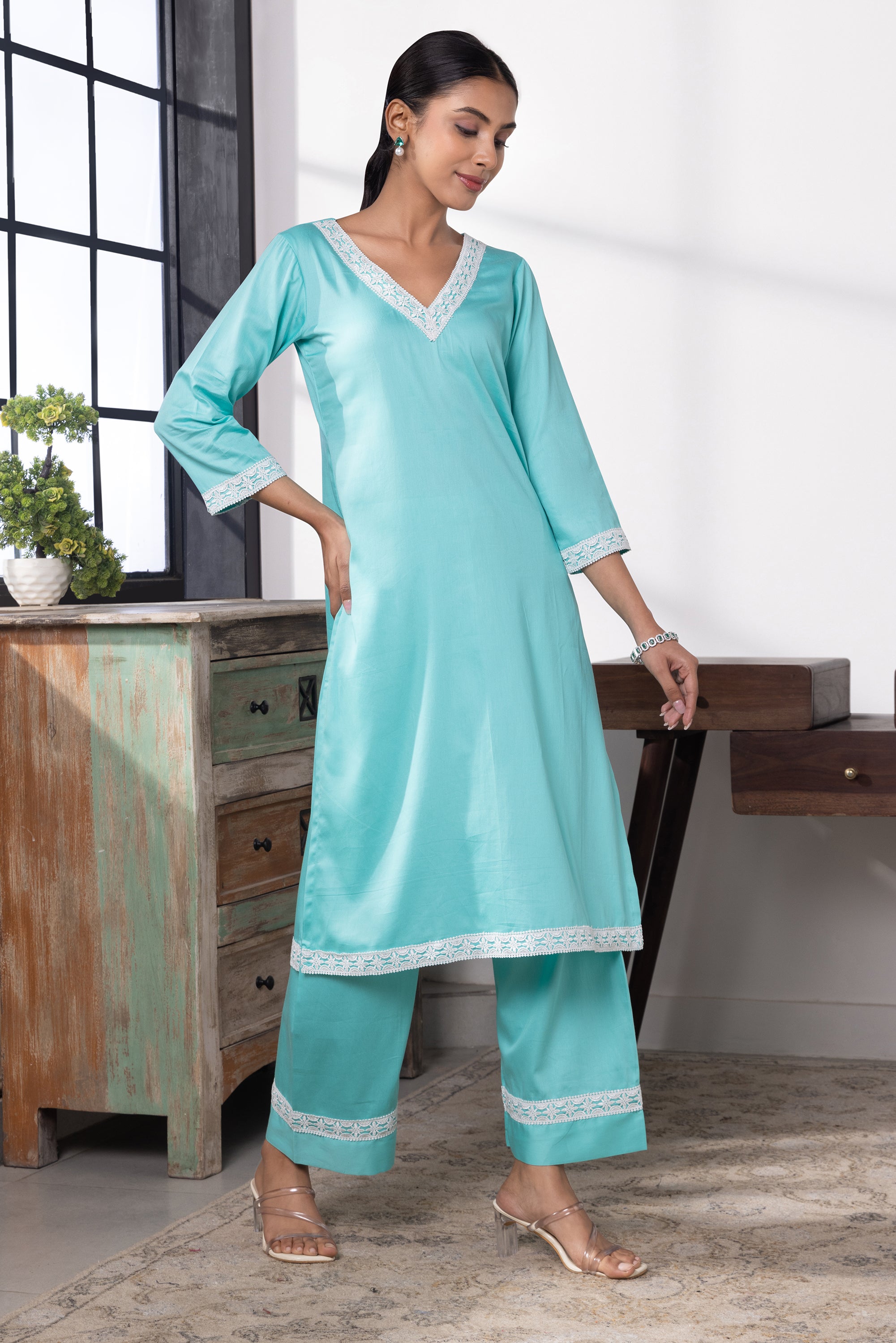 Novella Aqua Blue Cotton Kurta Set