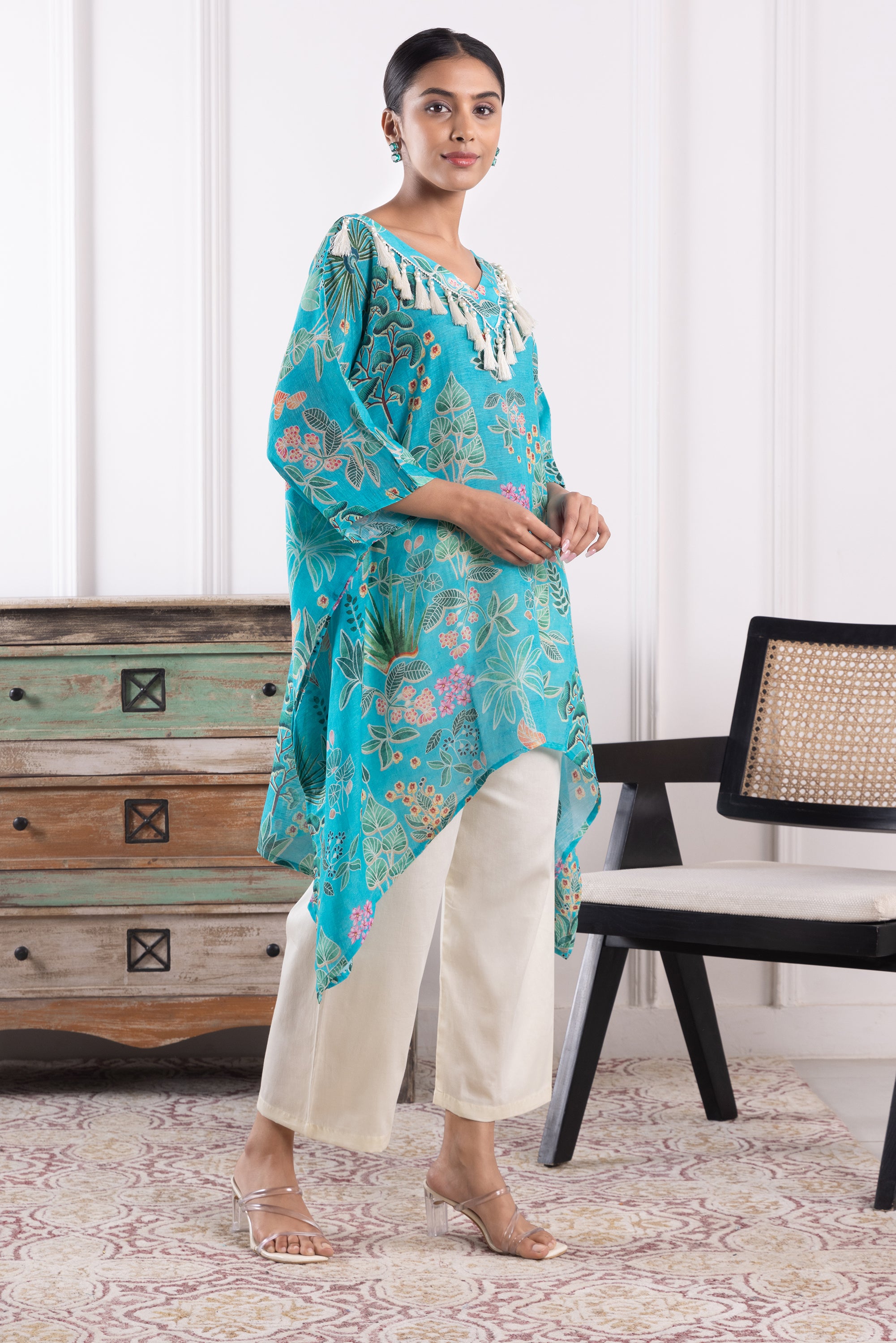 Camilla Blue Organza Floral Kaftan Set