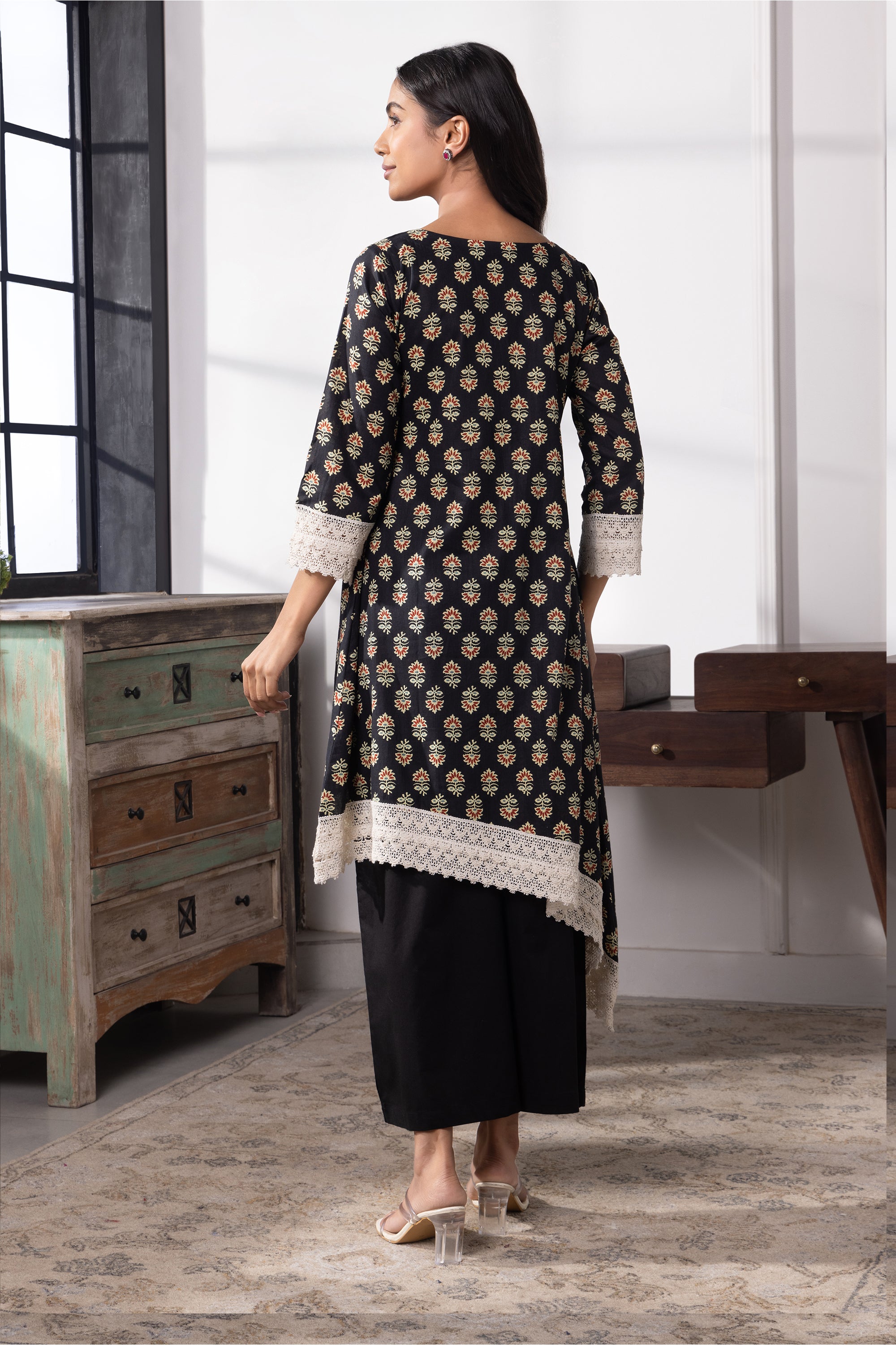 Davina Black Hand Block Cotton Kurta Set