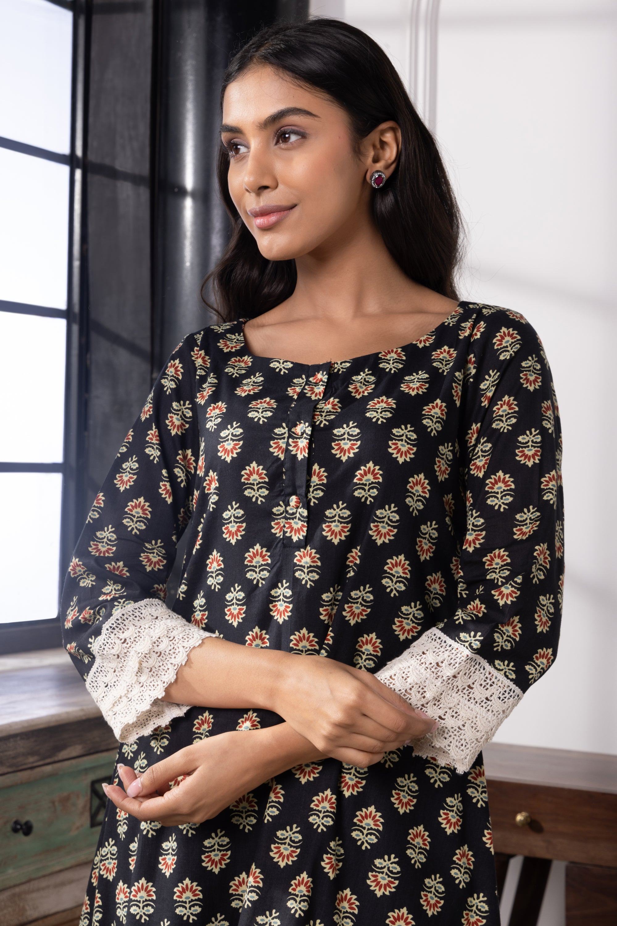 Davina Black Hand Block Cotton Kurta Set