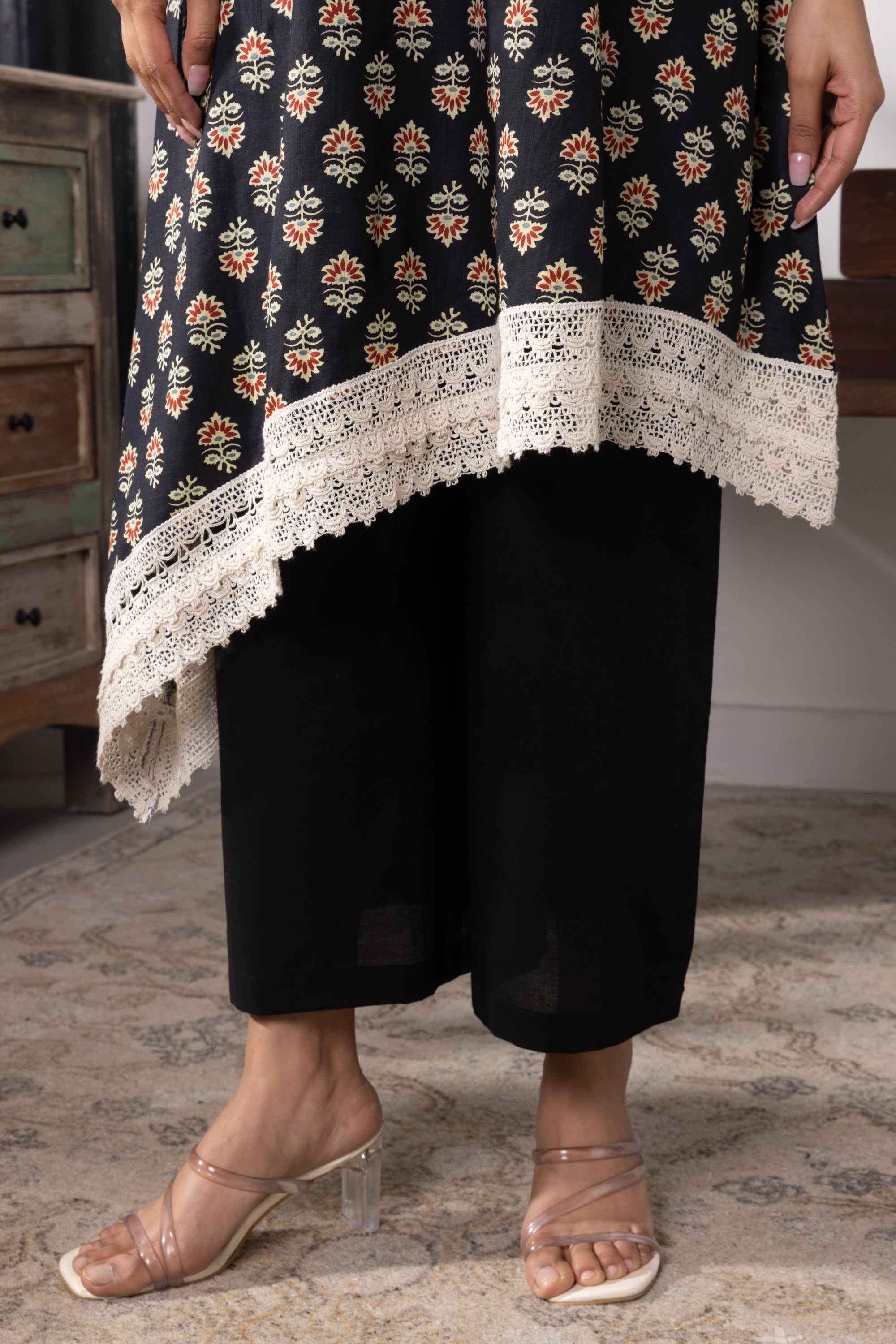 Davina Black Hand Block Cotton Kurta Set