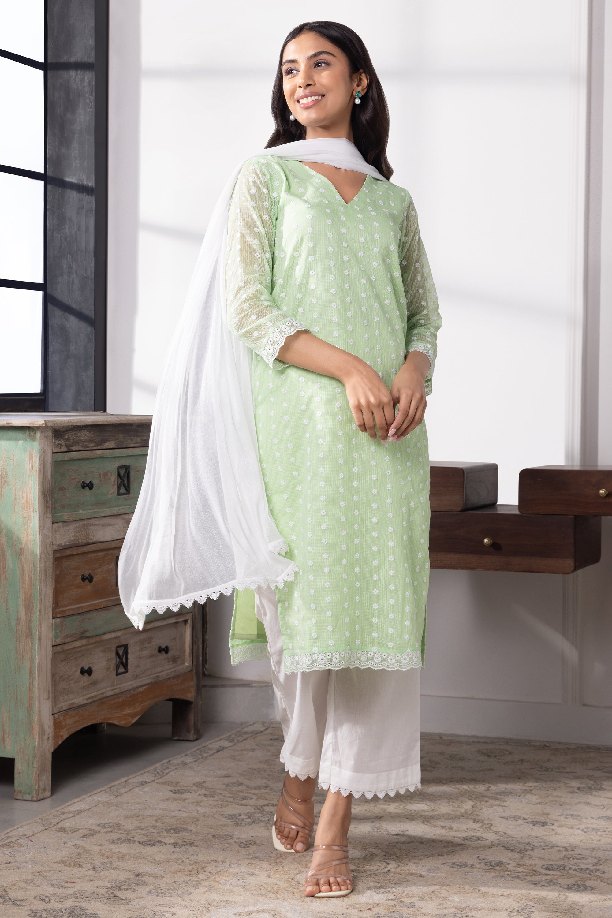 Freya Green Kota Kurta Set with Dupatta