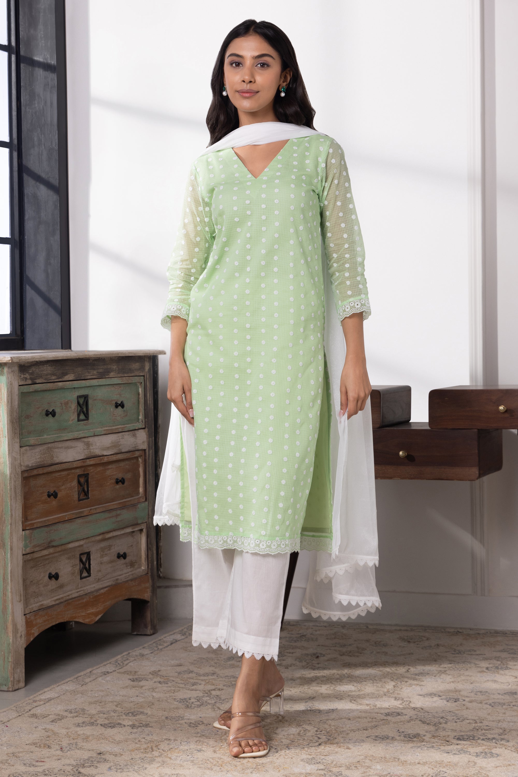 Freya Green Kota Kurta Set with Dupatta