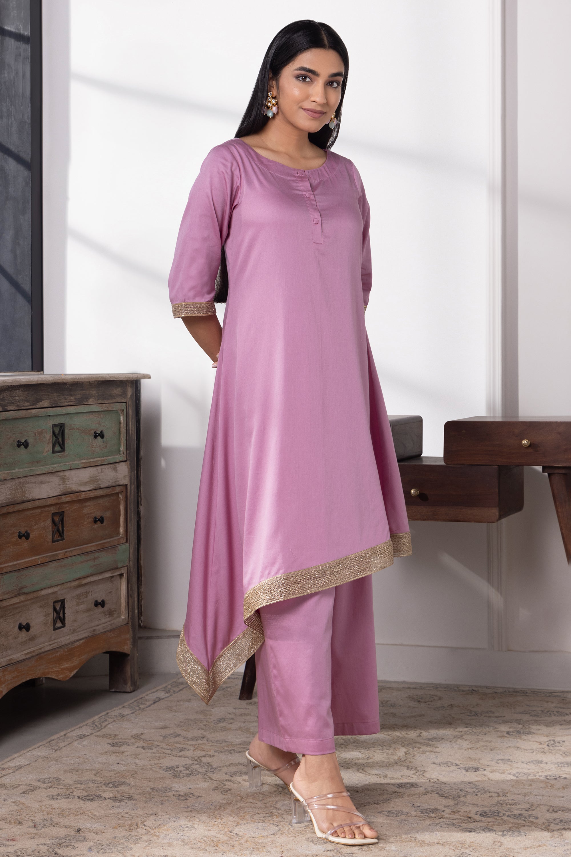 Emma Lavender Cotton Asymmetric Kurta Set