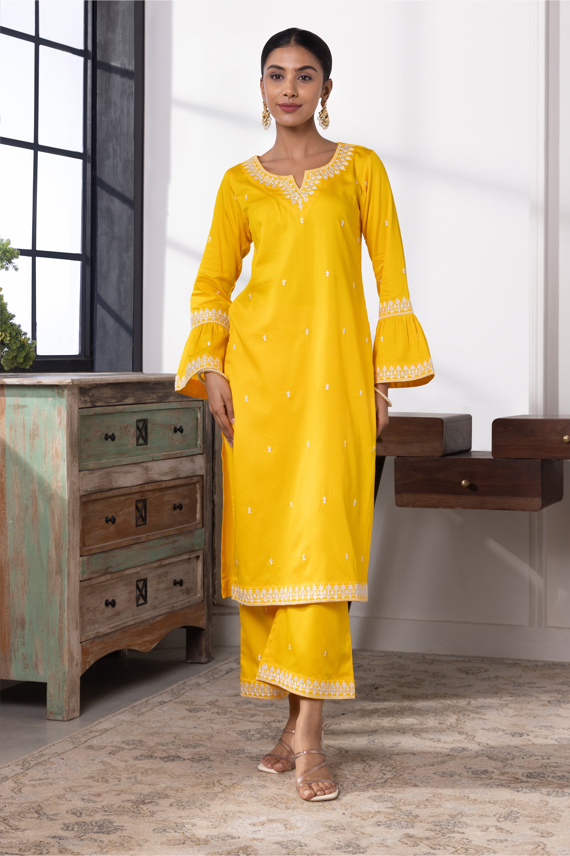 Kiera Yellow Cotton Embroidered Kurta Set