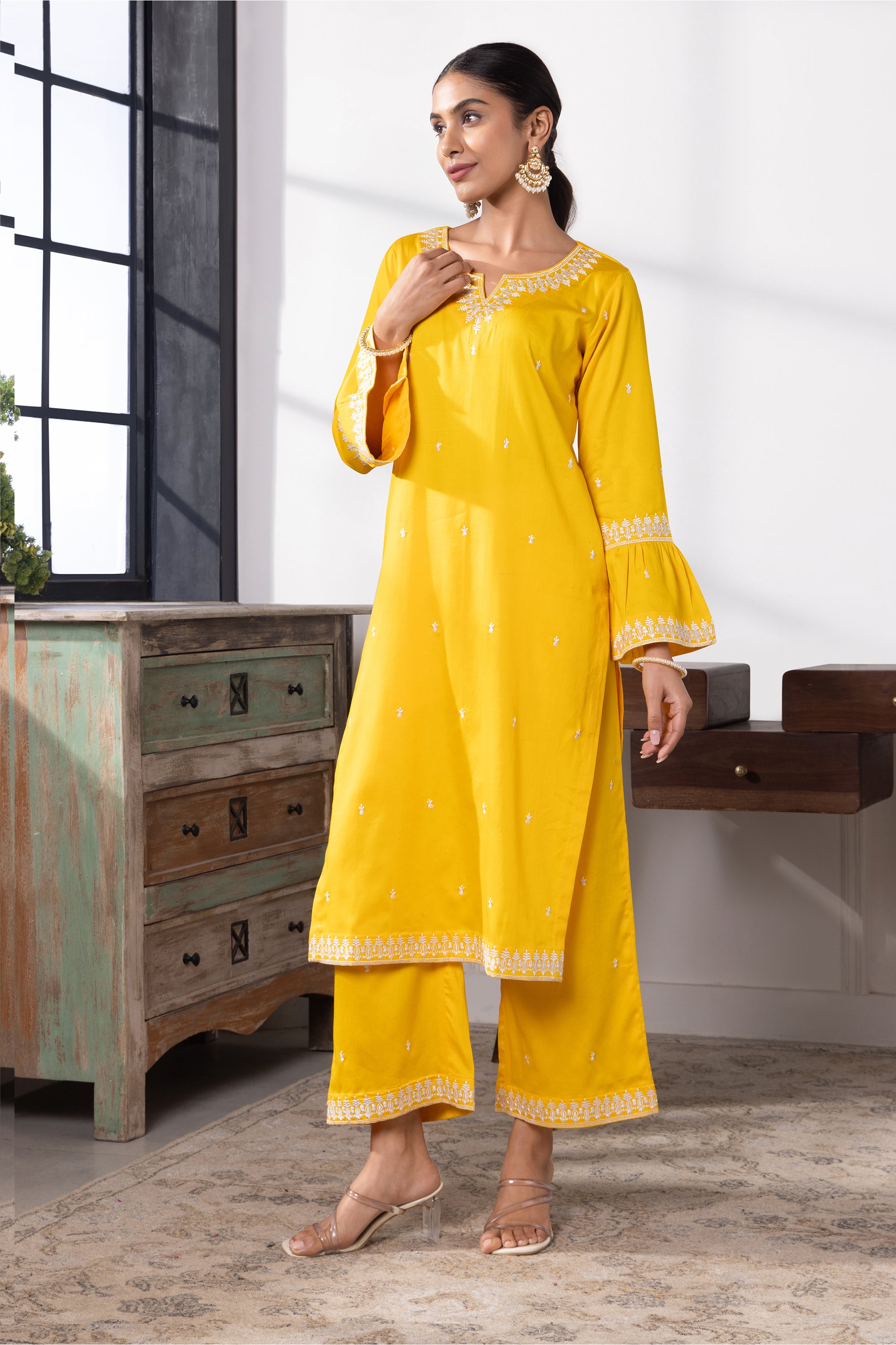 Kiera Yellow Cotton Embroidered Kurta Set