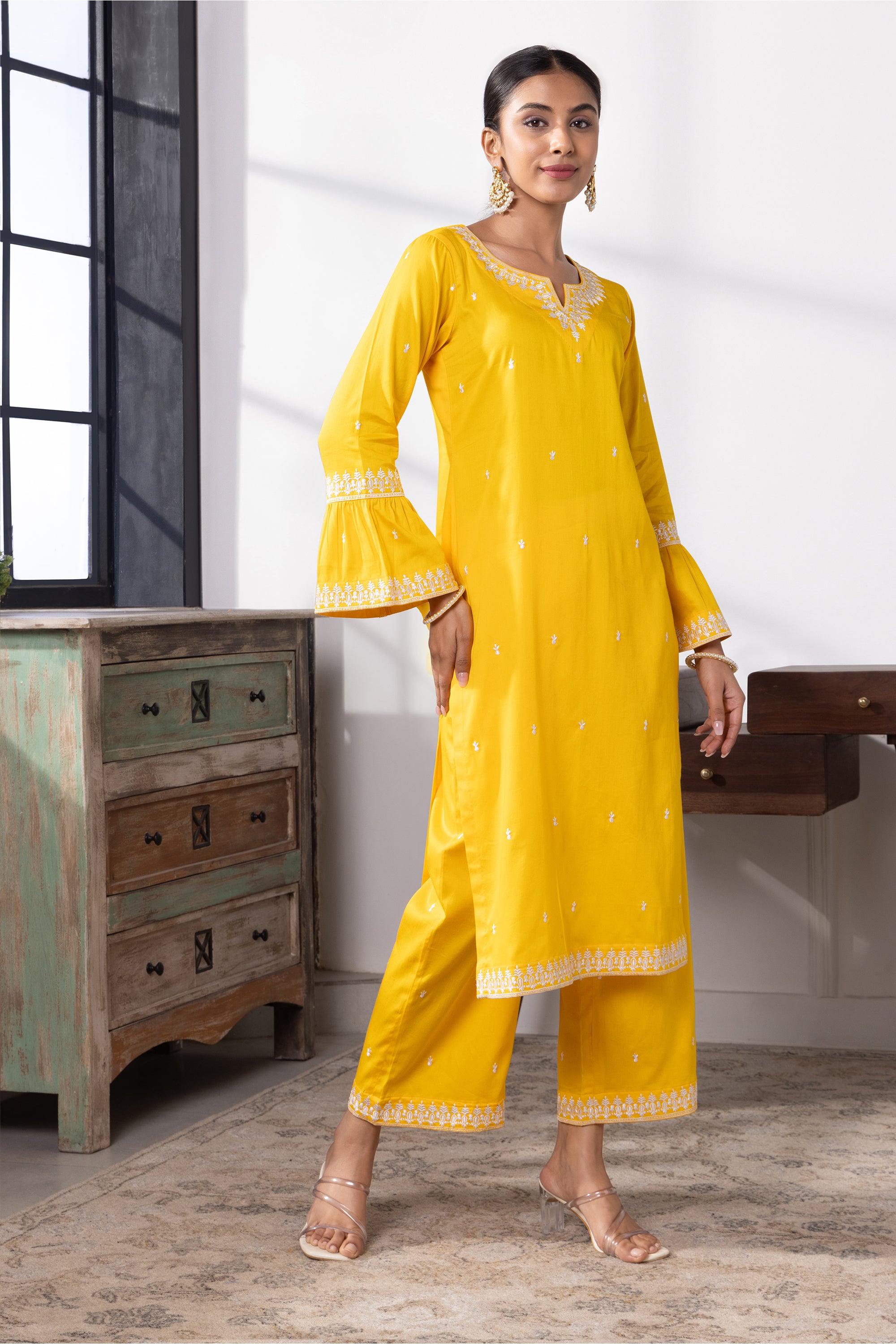 Kiera Yellow Cotton Embroidered Kurta Set