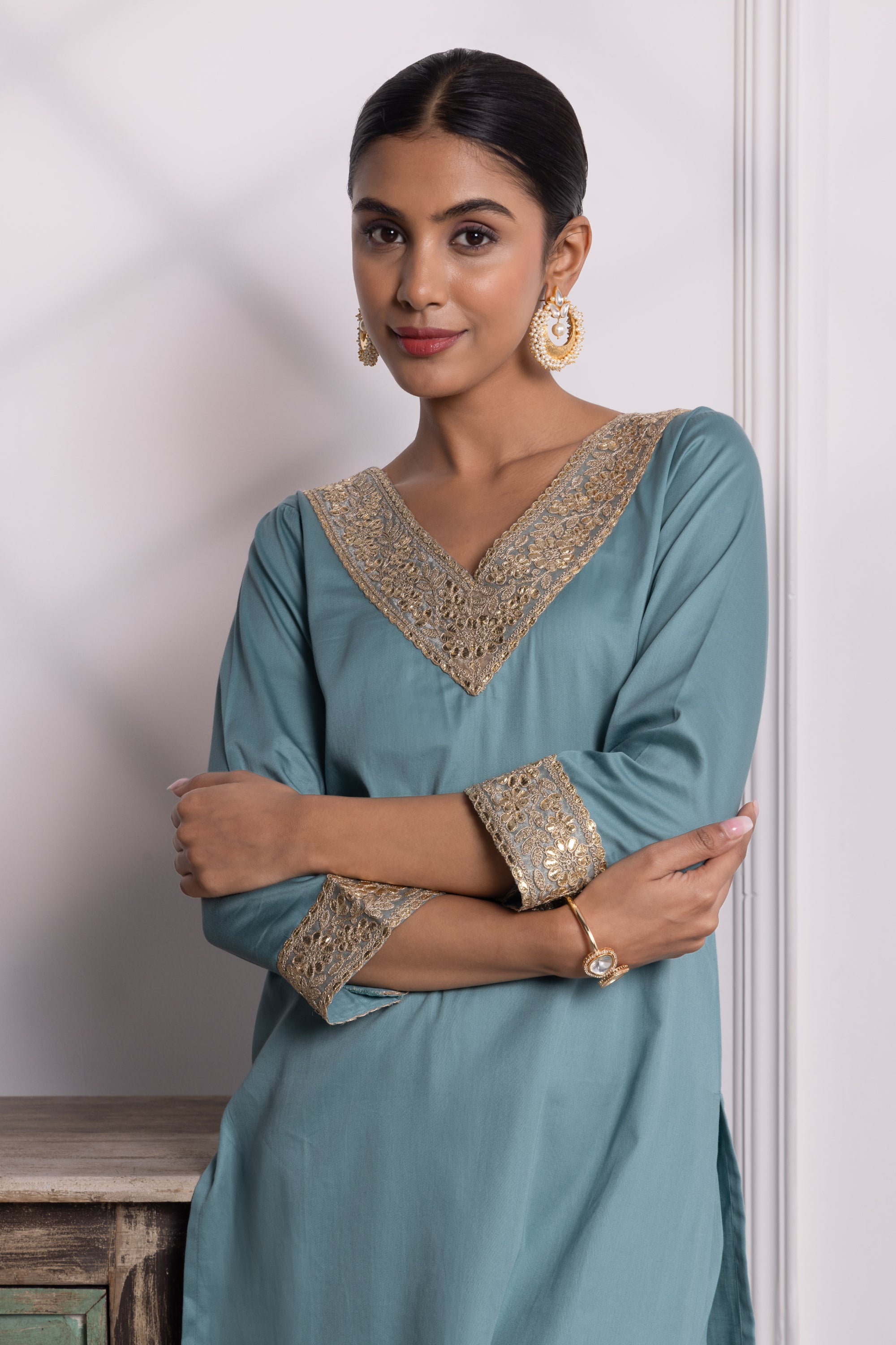 Camille Teal Olive Cotton Kurta Set