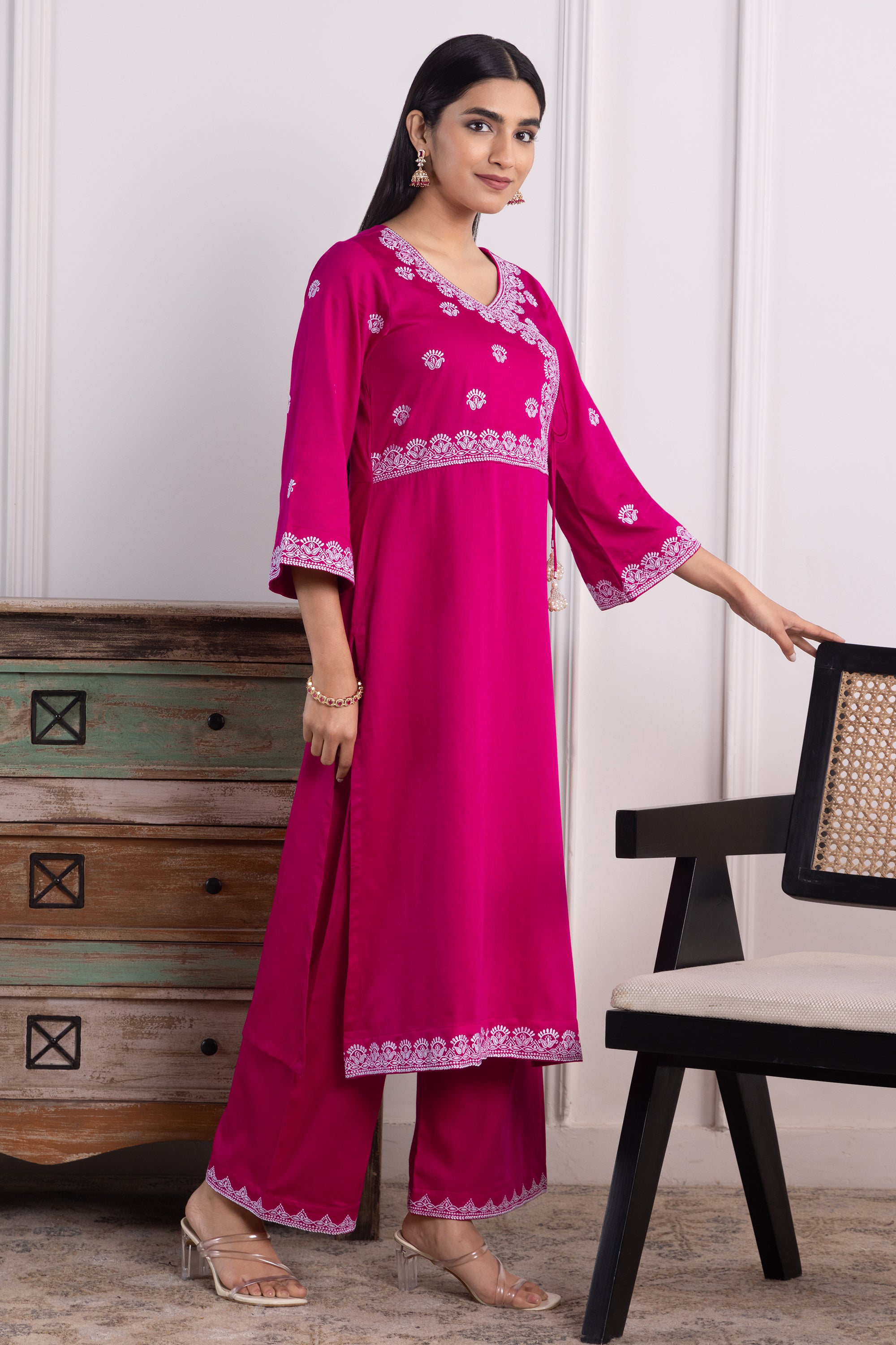 Stella Magenta Cotton Embroidered Kurta Set
