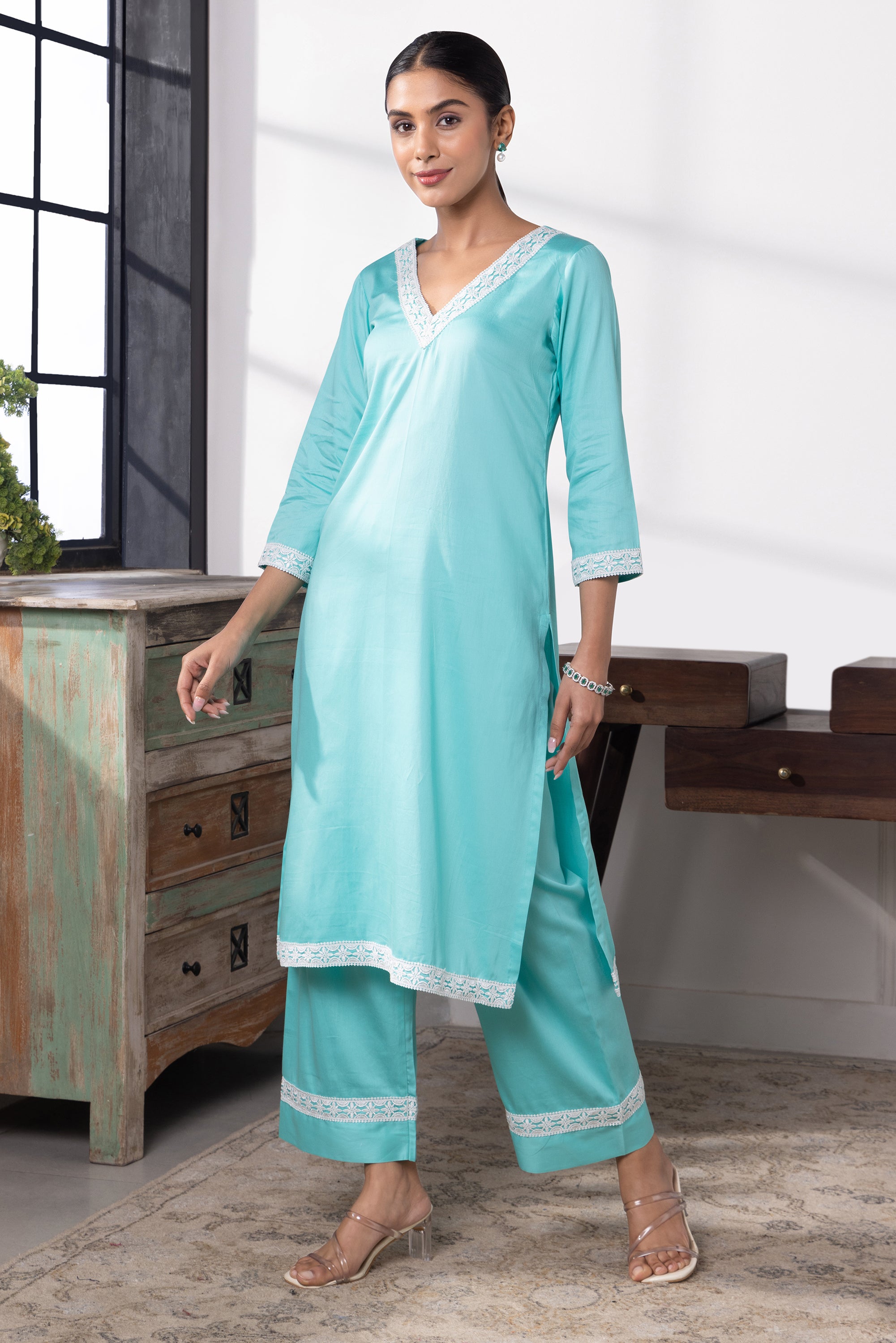 Novella Aqua Blue Cotton Kurta Set