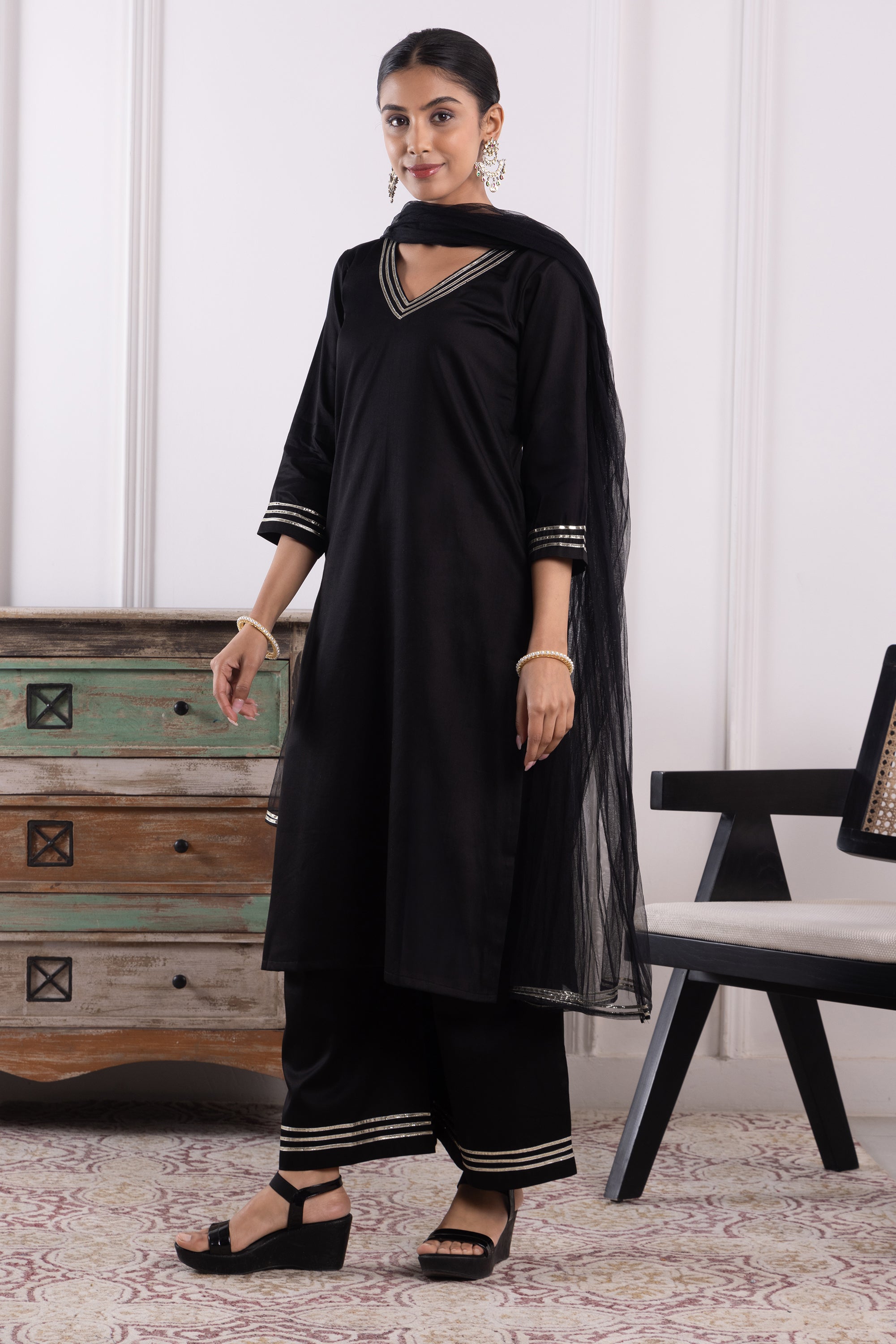 Victoria Black Cotton Kurta Set with Dupatta