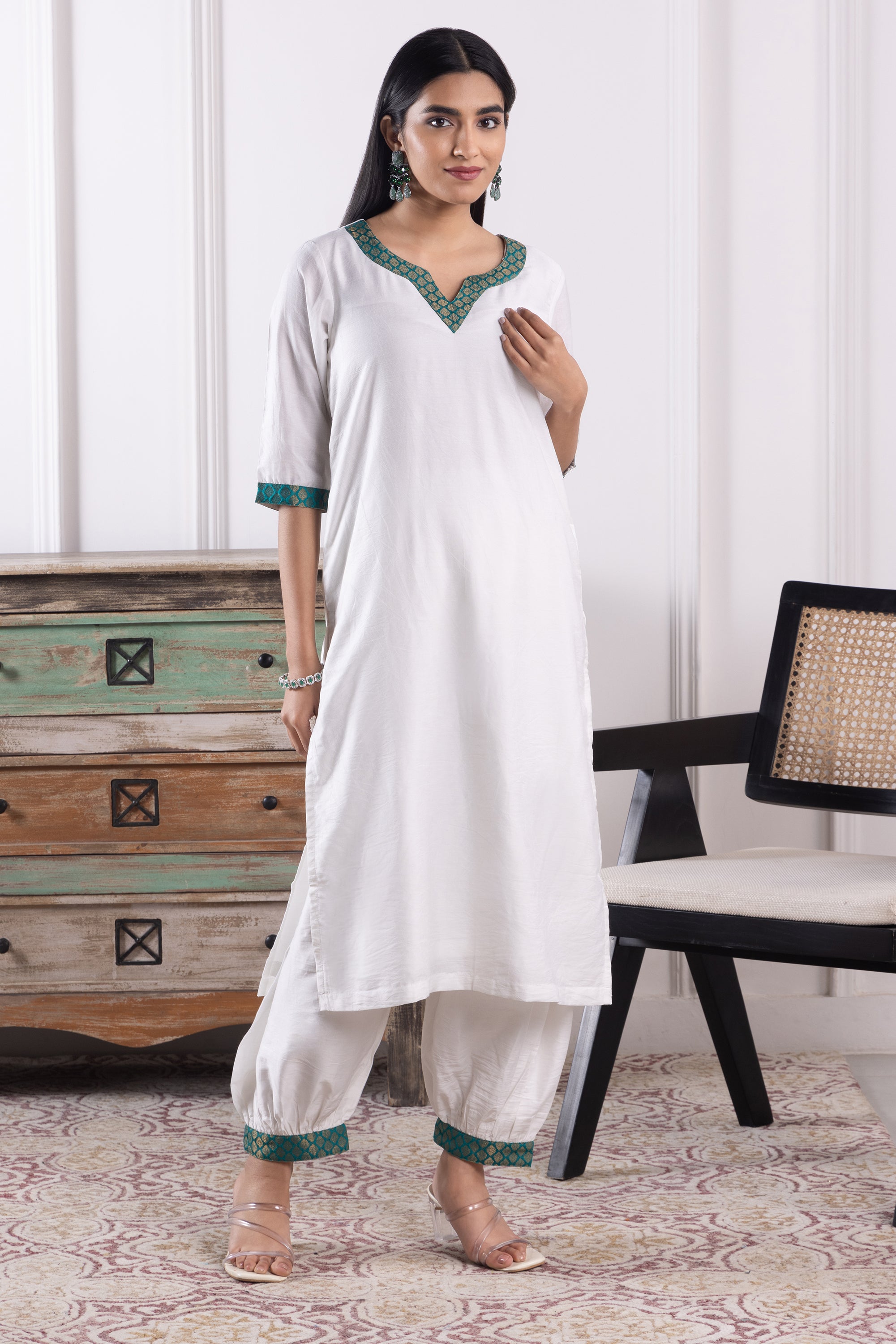 Savannah White & Green Chanderi Kurta Set