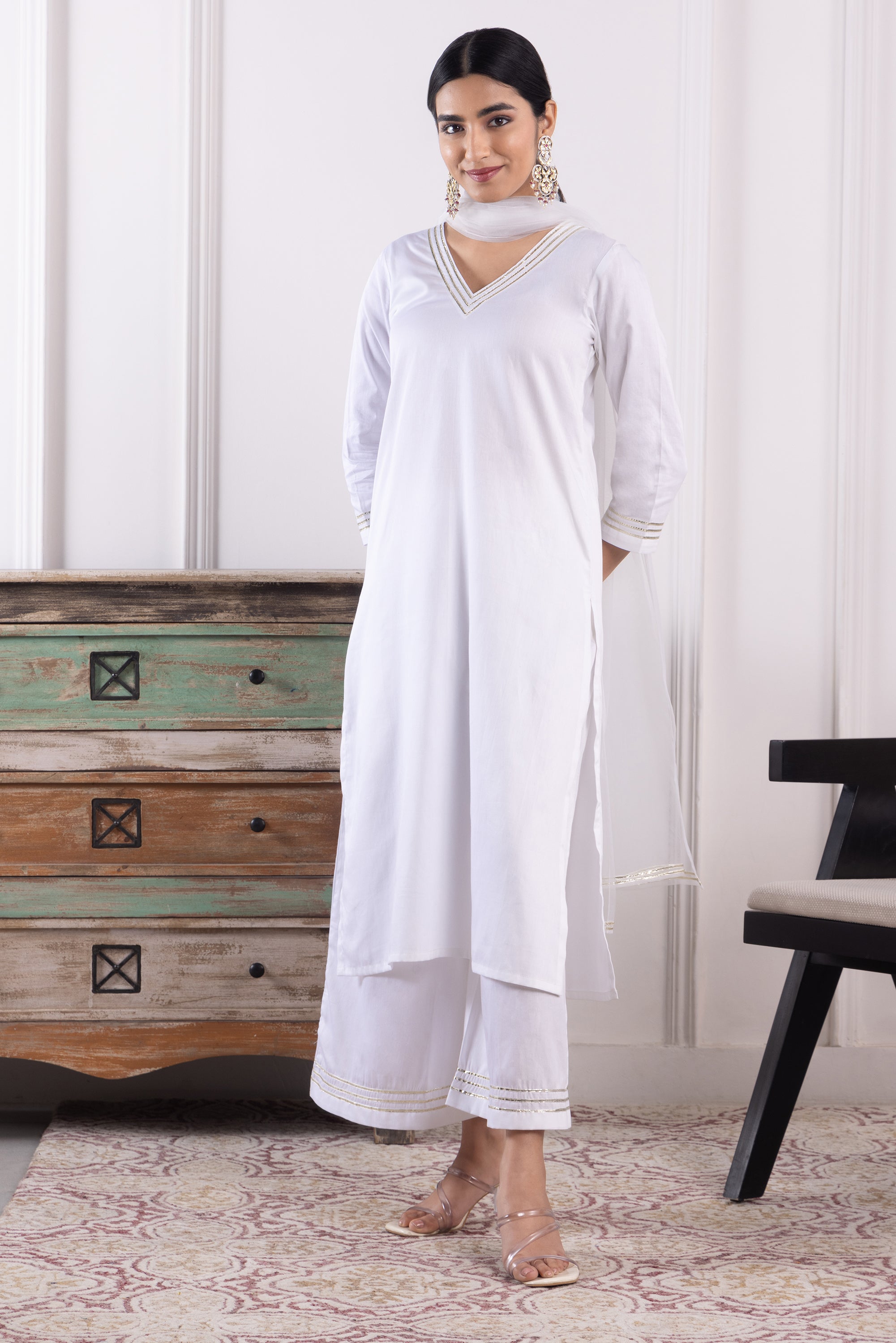 Valencia White Cotton Kurta Set with Dupatta
