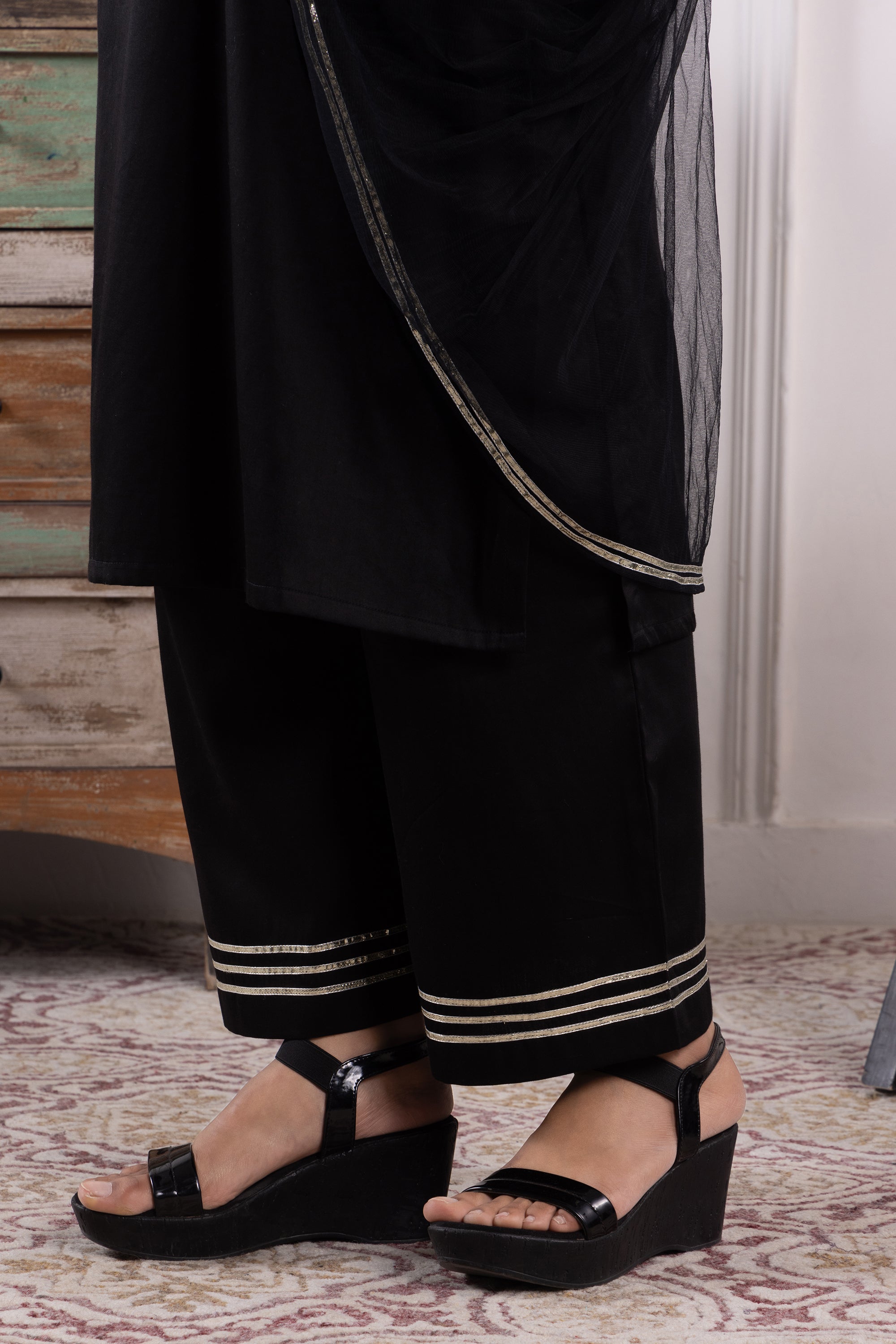 Victoria Black Cotton Kurta Set with Dupatta