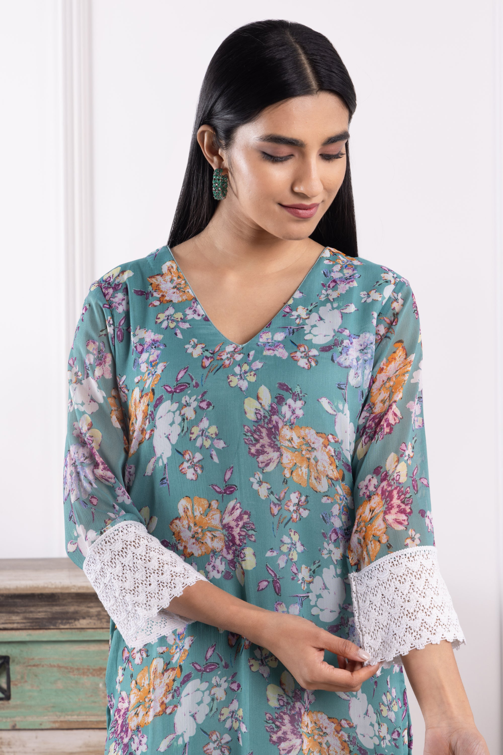 Solene Mint Floral Georgette Kurta Set