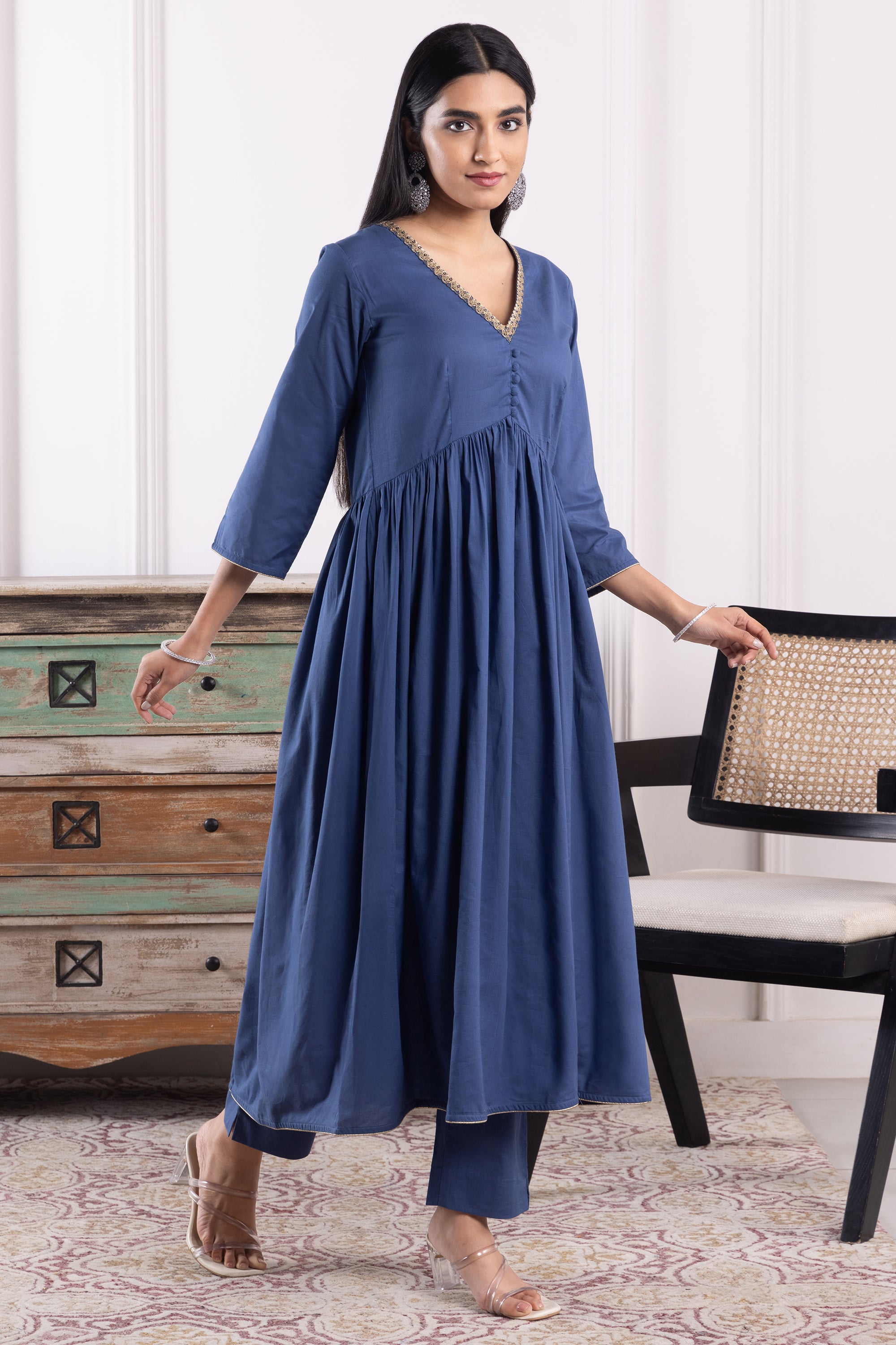 Naomi Indigo Mulmul Anarkali Set