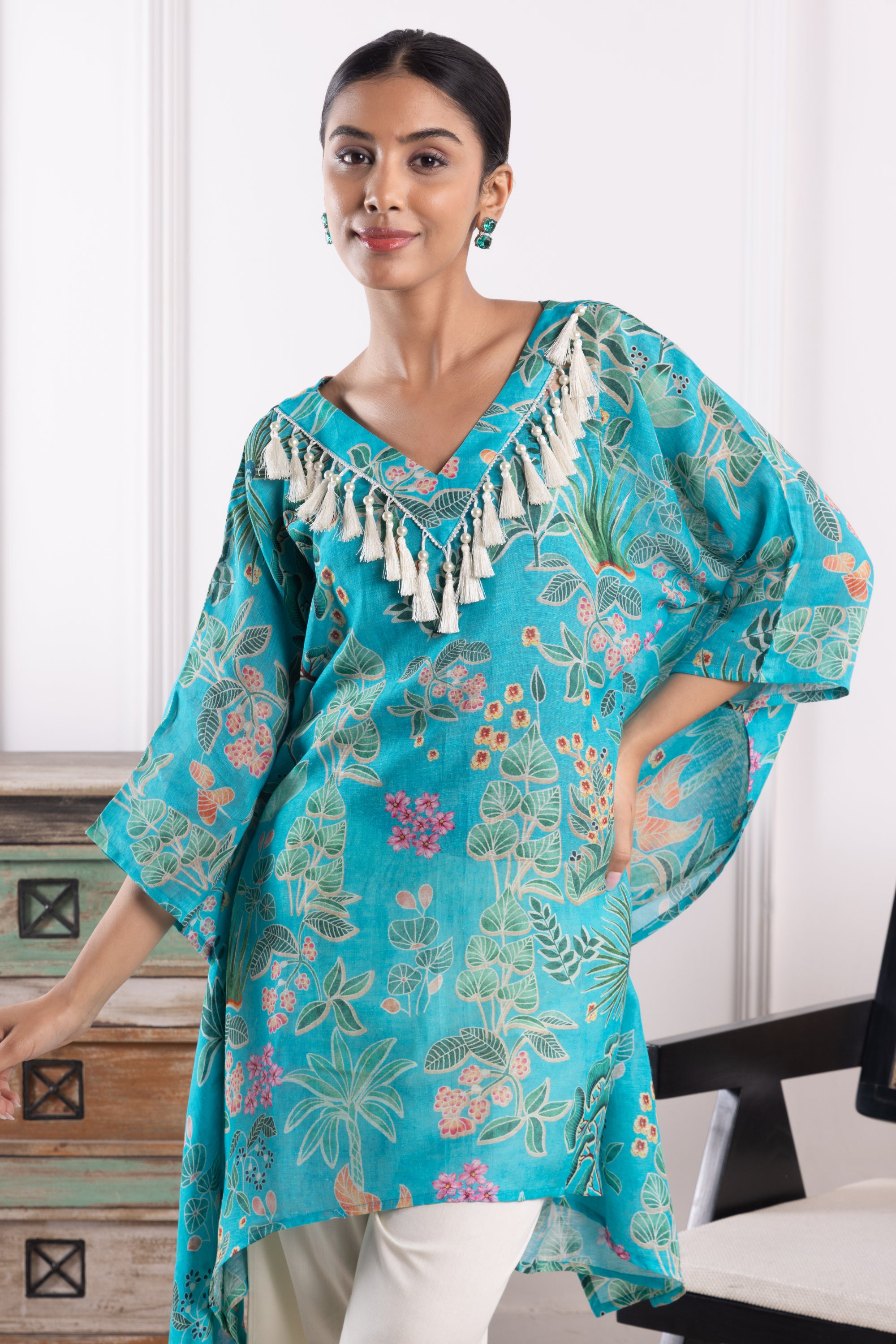 Camilla Blue Organza Floral Kaftan Set