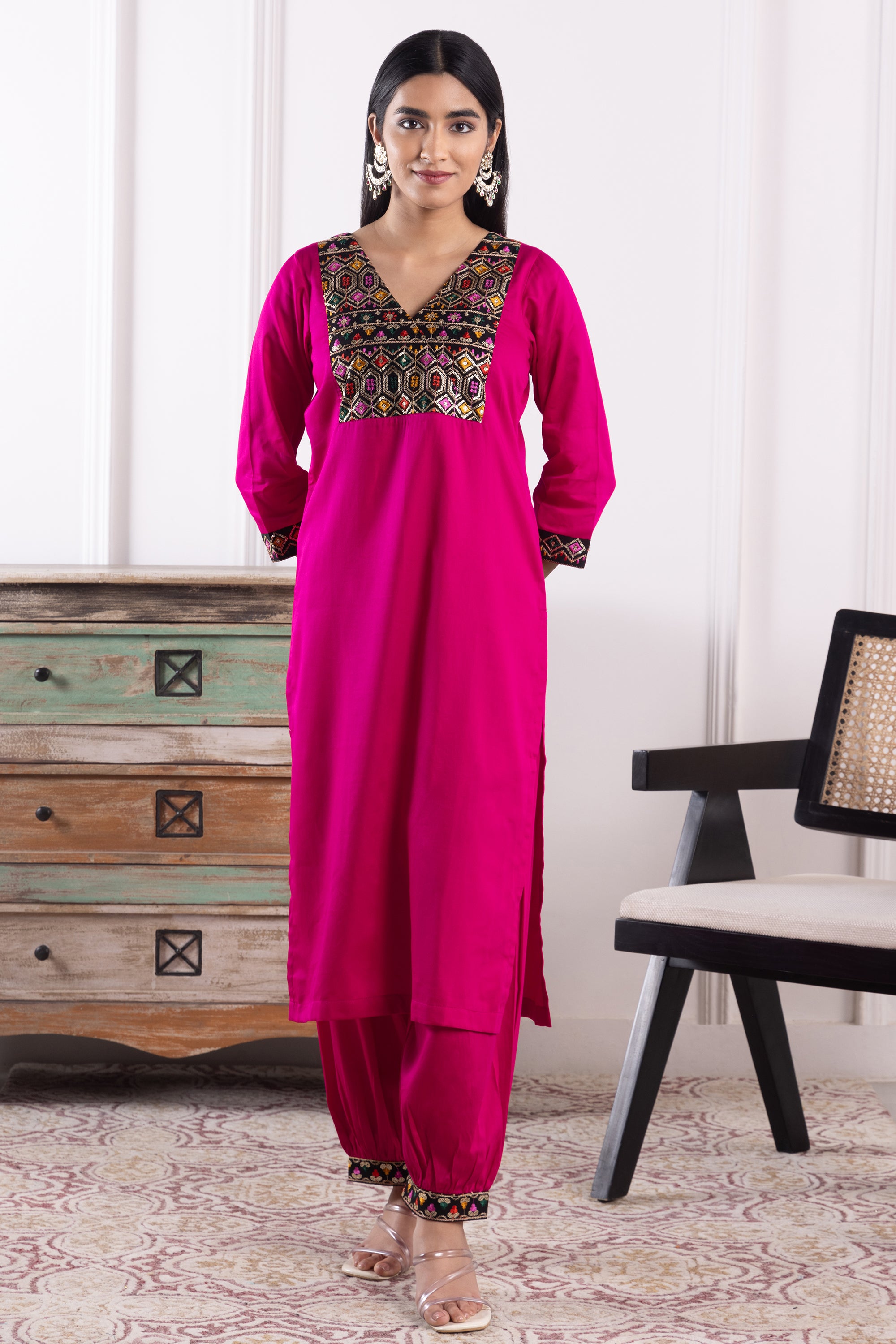 Bella Magenta & Black Cotton Kurta Set