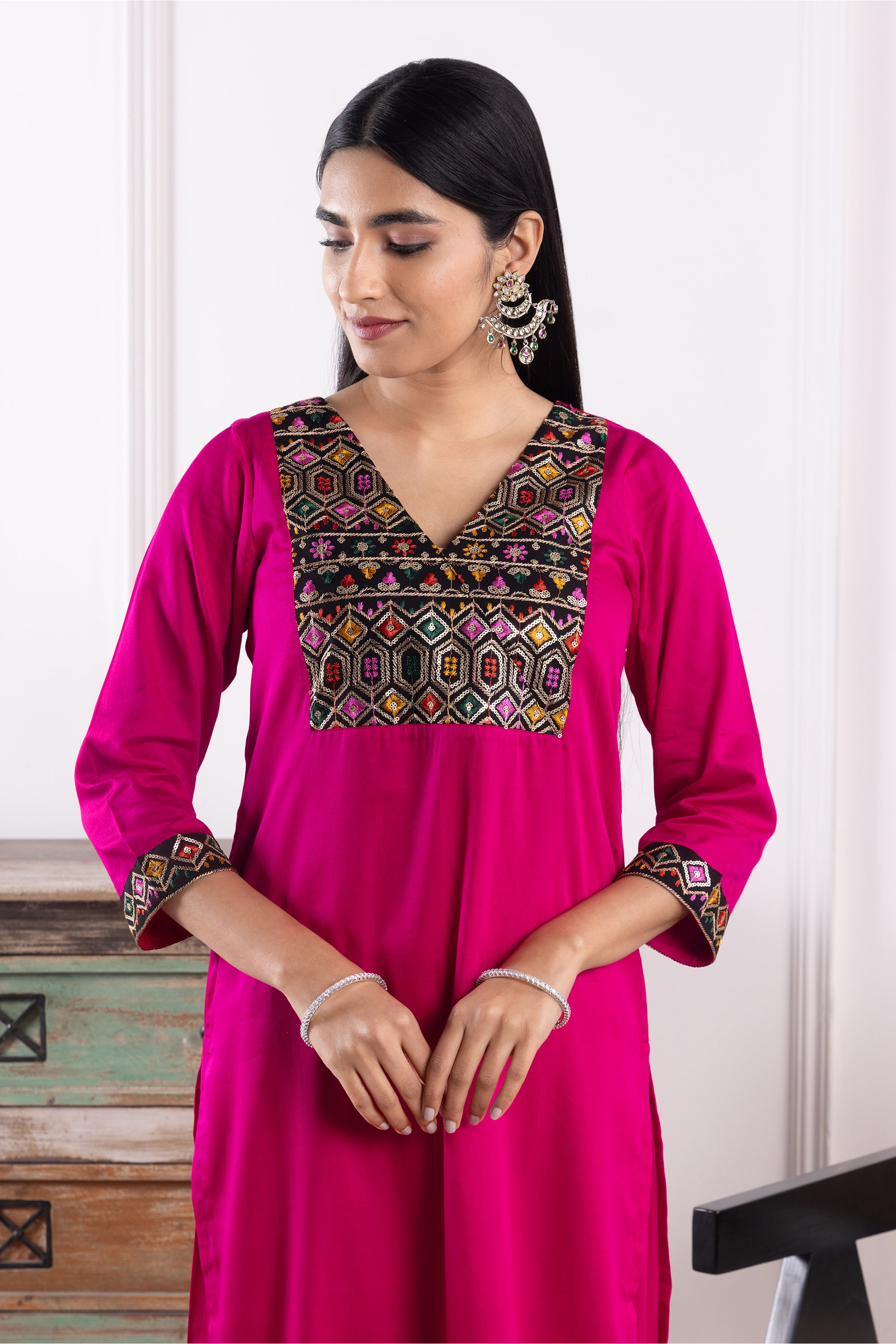 Bella Magenta & Black Cotton Kurta Set