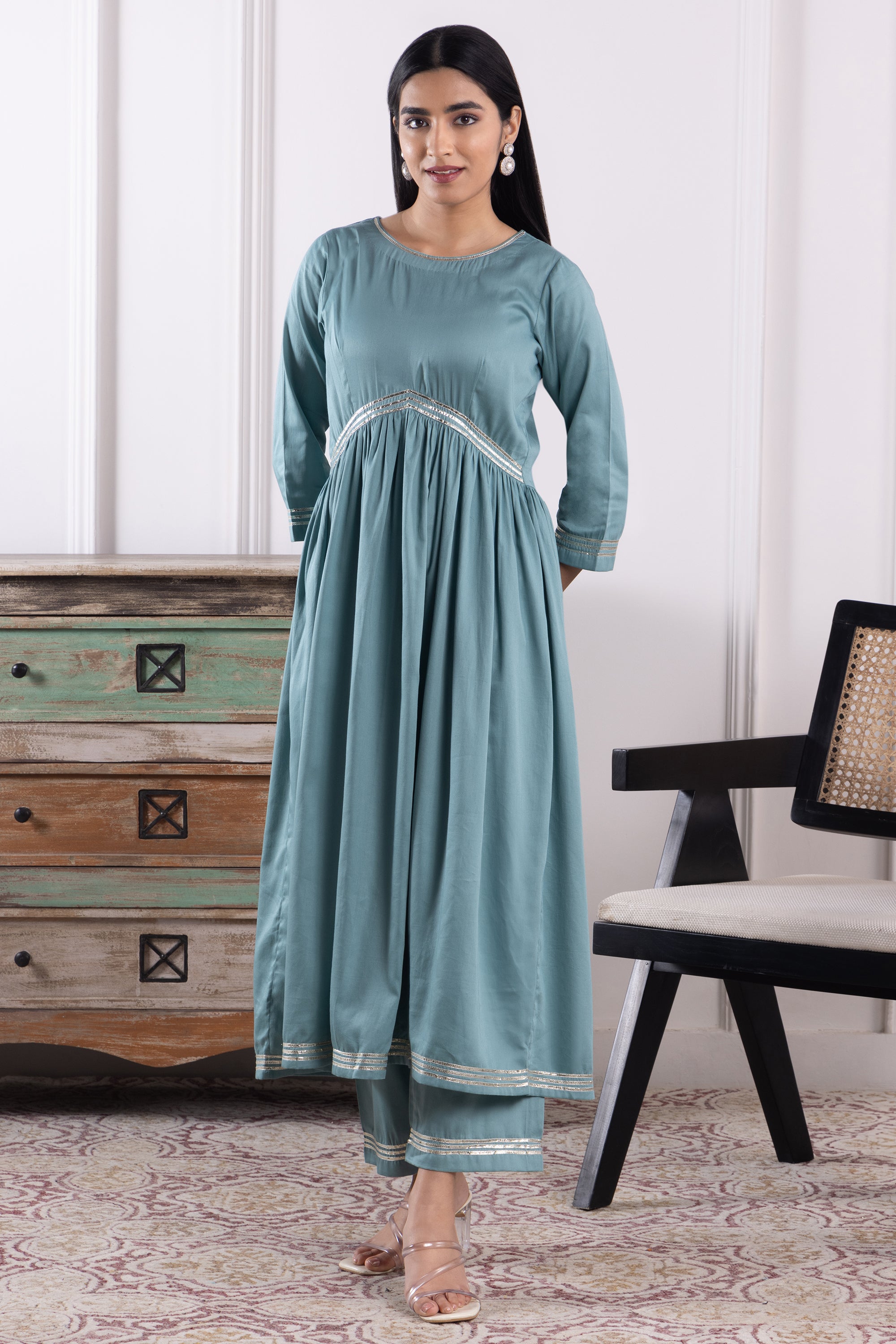Elena Teal Olive Cotton Anarkali Set