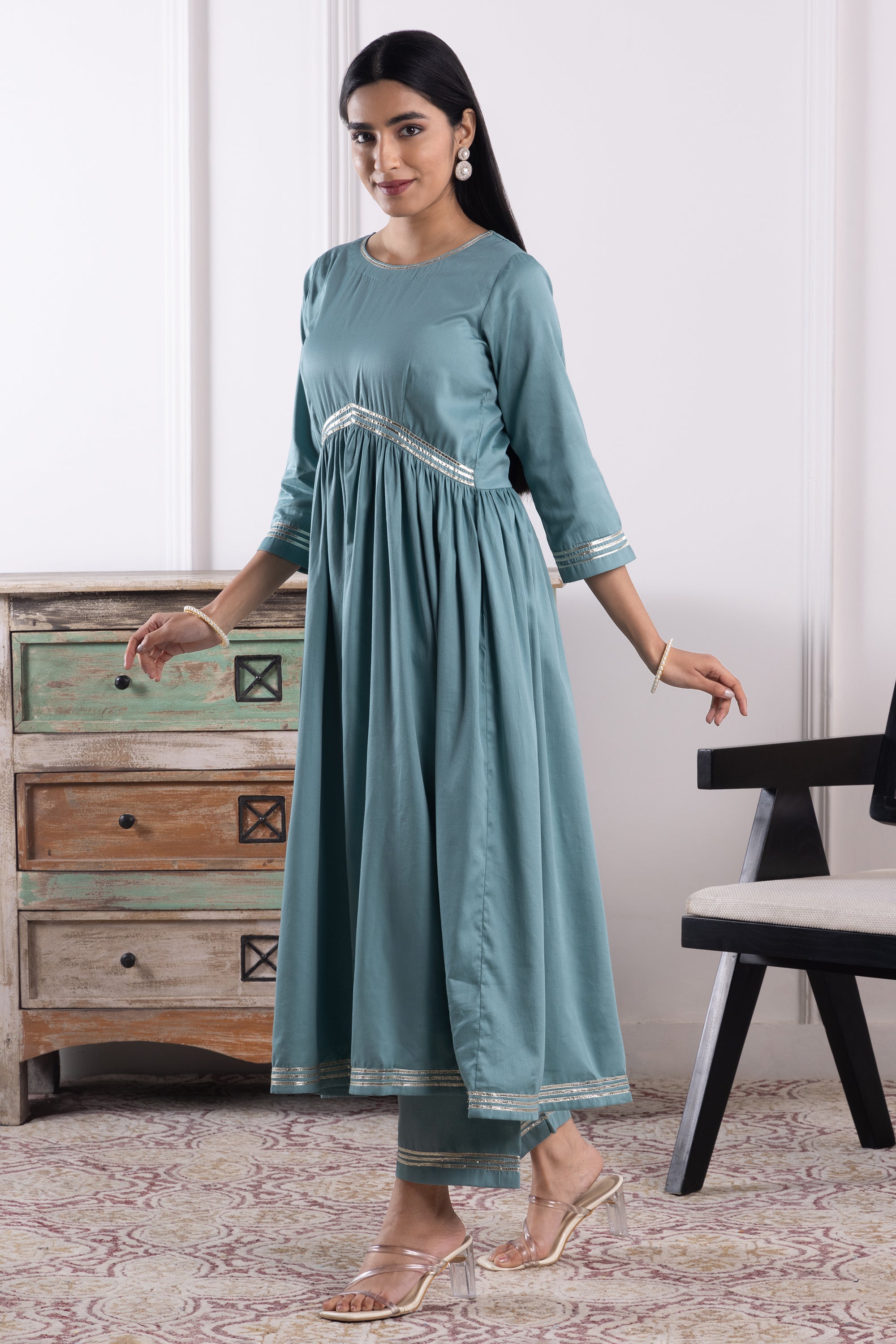 Elena Teal Olive Cotton Anarkali Set