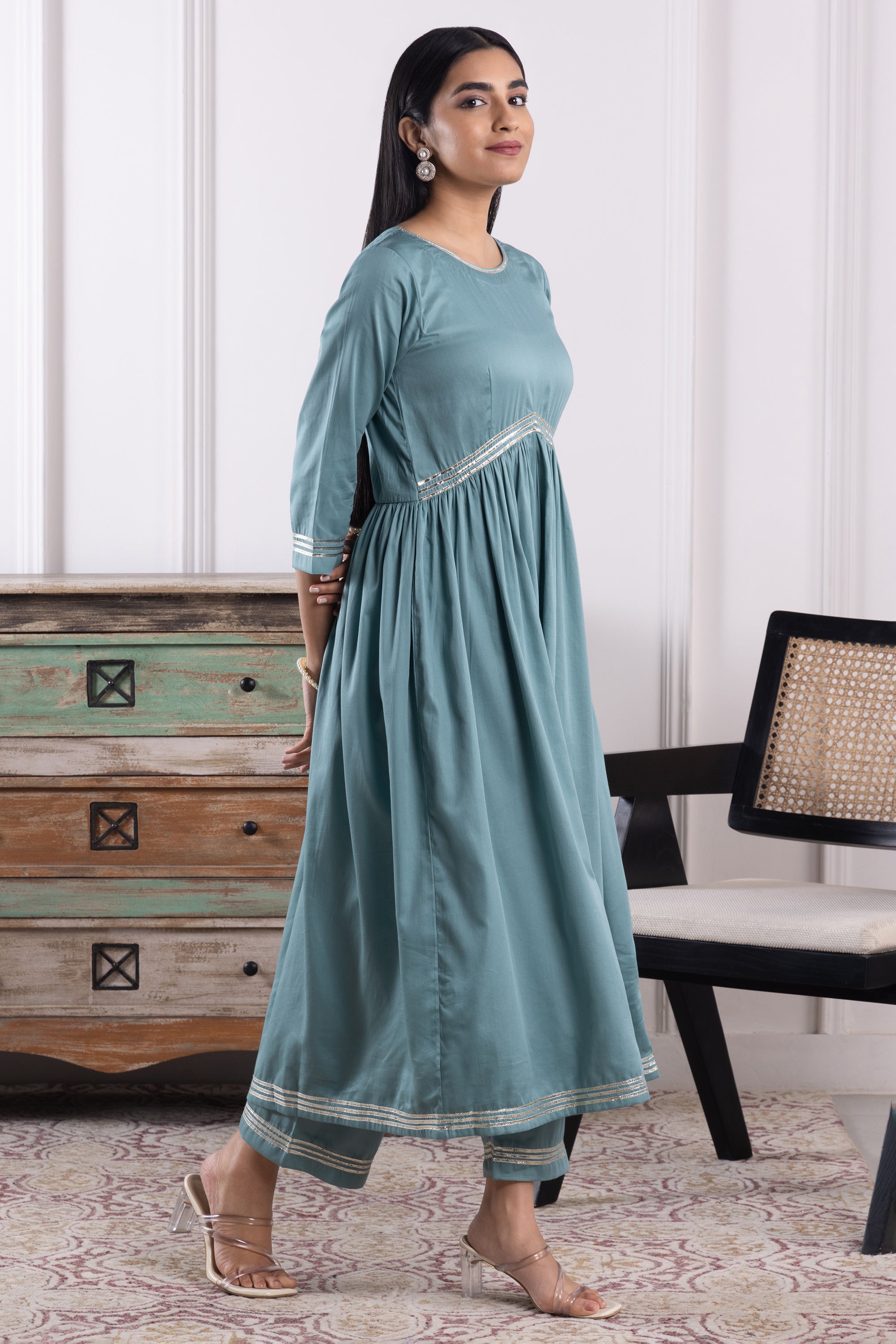 Elena Teal Olive Cotton Anarkali Set