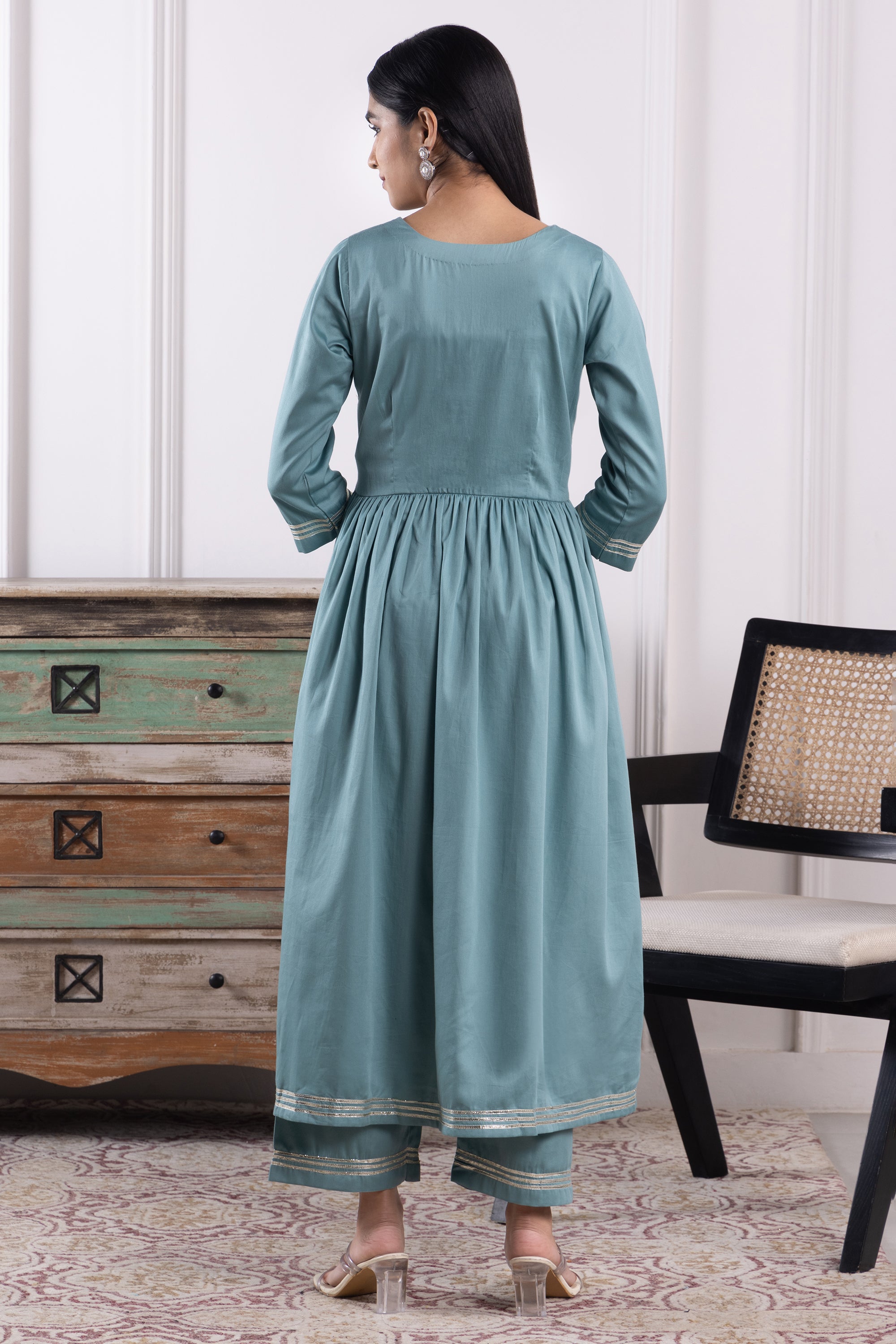 Elena Teal Olive Cotton Anarkali Set