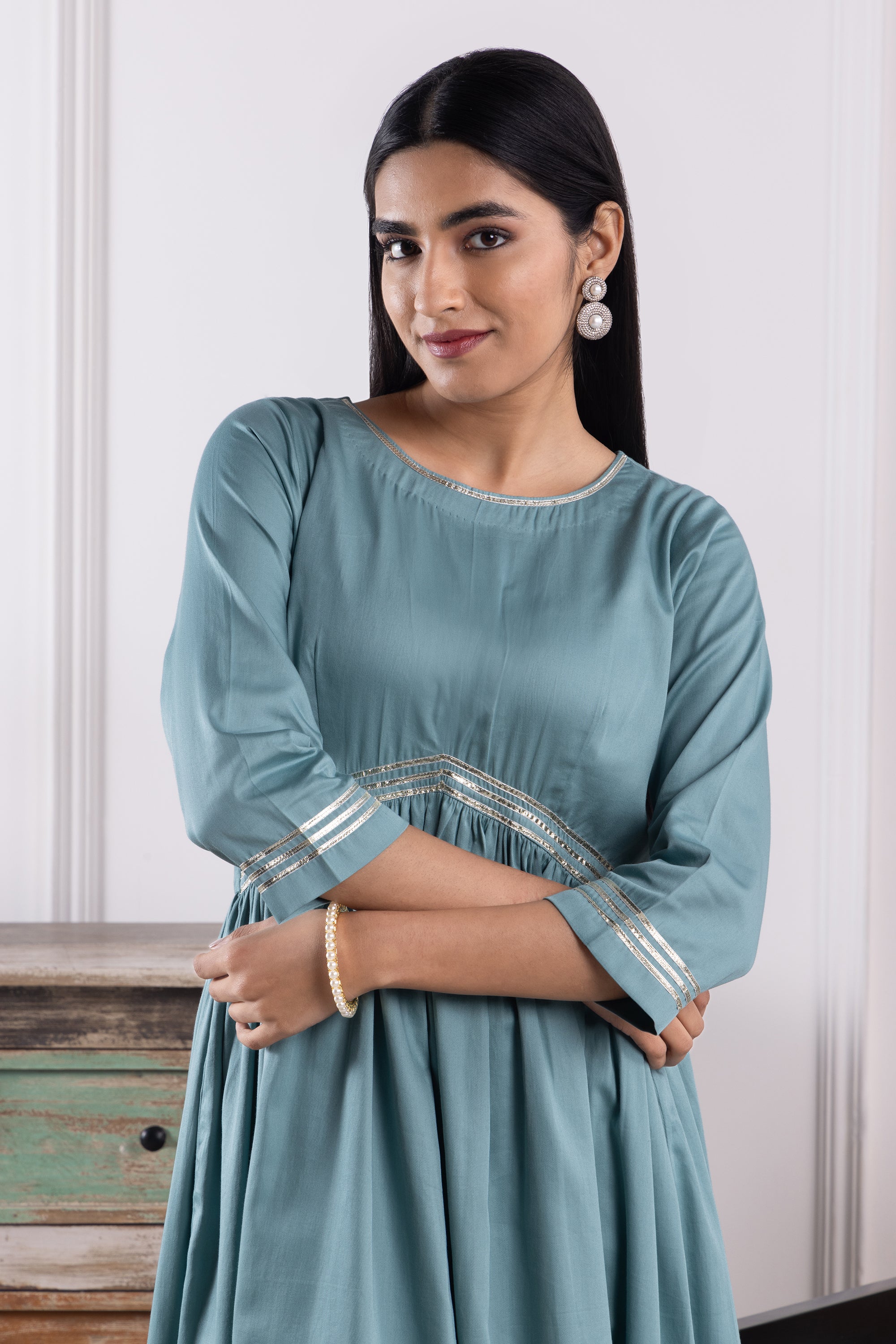 Elena Teal Olive Cotton Anarkali Set