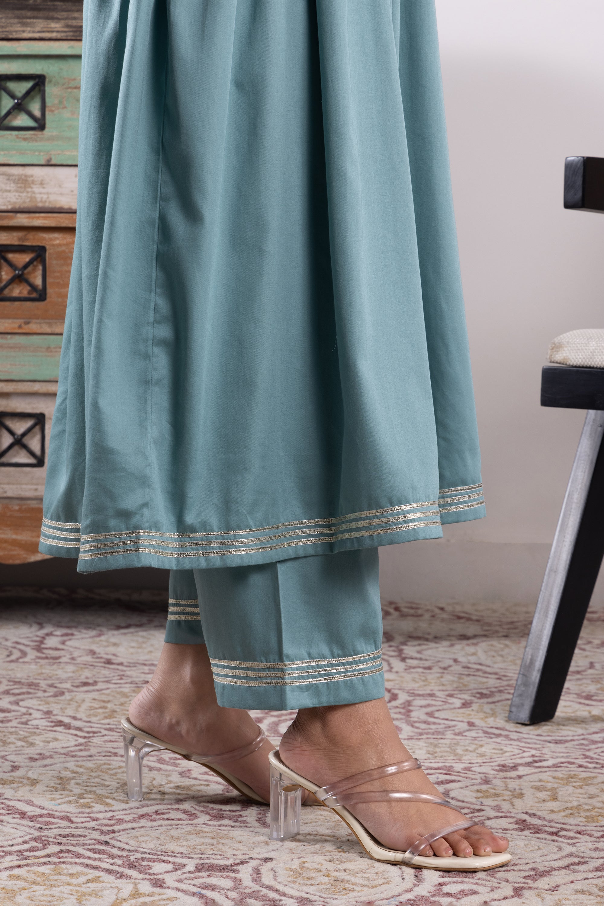 Elena Teal Olive Cotton Anarkali Set