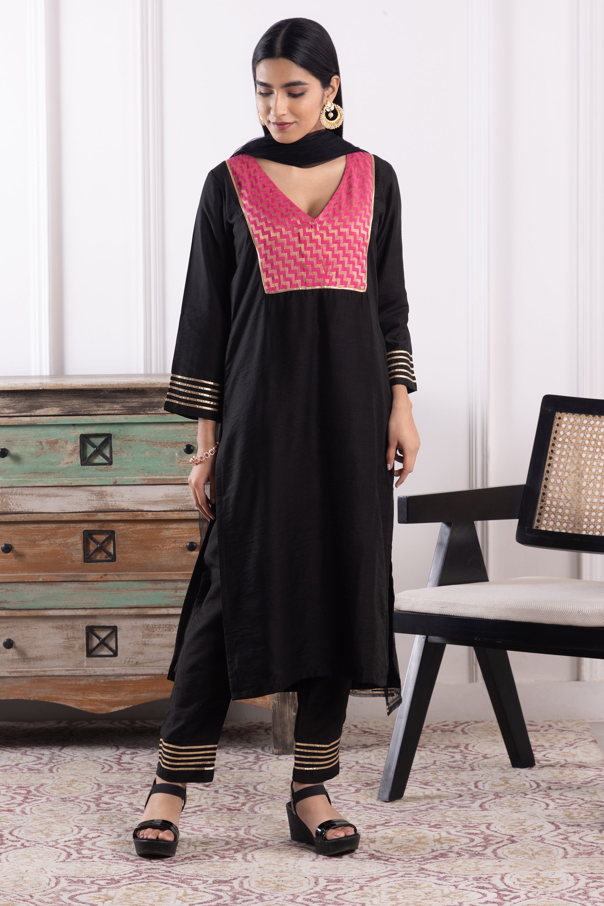 Dahlia Black Chanderi Kurta Set with Dupatta